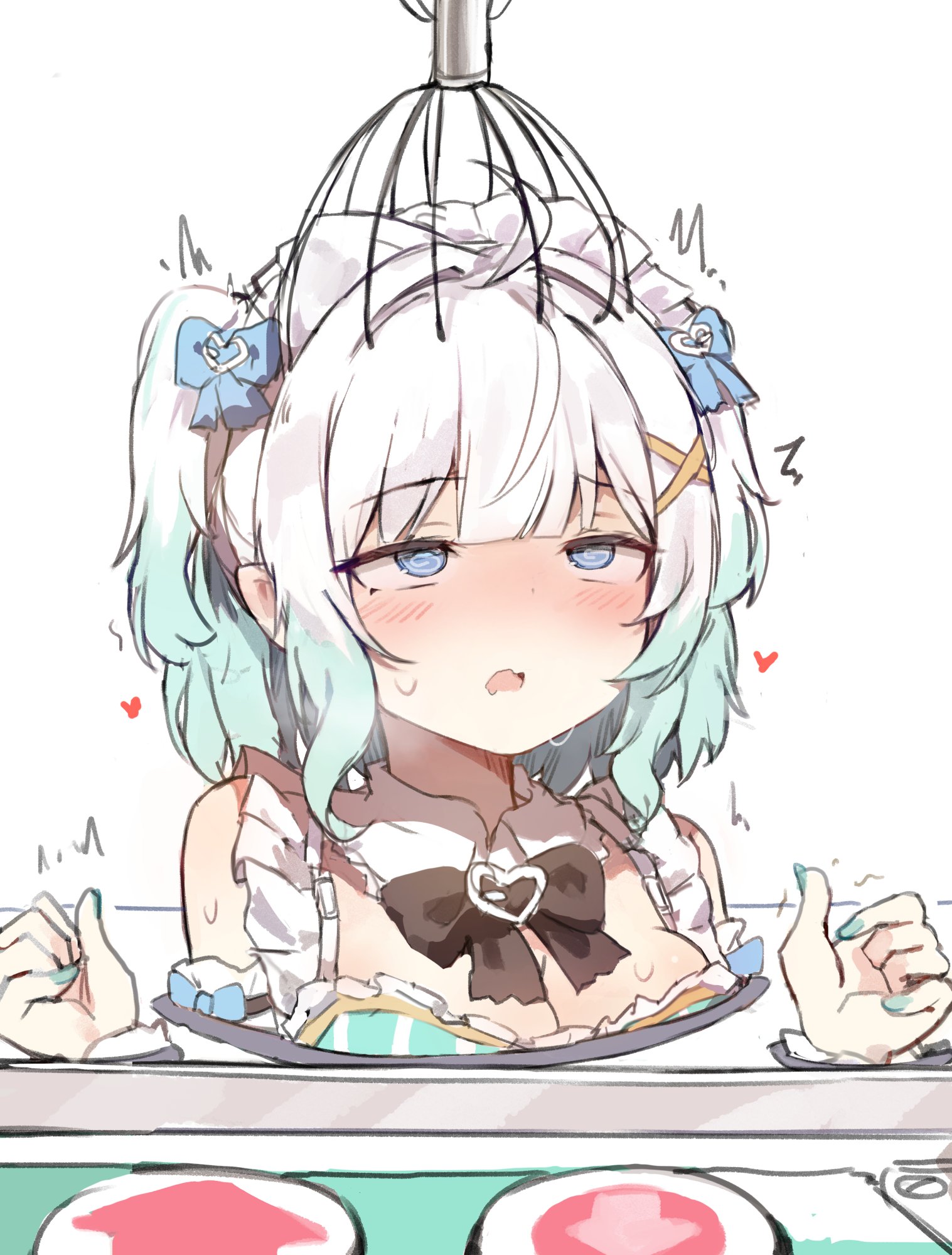 orobou, mint fantome, indie virtual youtuber, highres, 1girl, @ @, aqua hair, black bow, black bowtie, blue eyes, blue ribbon, blush, bow, bowtie, breasts, cleavage, collar, detached collar, fang, gradient hair, hair intakes, hair ribbon, maid headdress, multicolored hair, open mouth, ribbon, rolling eyes, scalp massager, short hair, sidelocks, skin fang, solo, sweat, two-tone hair, two side up, uncommon stimulation, upper body, virtual youtuber, white background, white collar, white hair