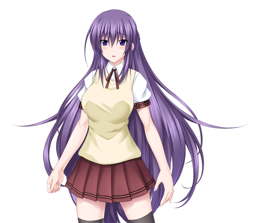 midorigi mura, amanogi akira, kyokkou senki mistletear, game cg, non-web source, official art, variant set, 1girl, black thighhighs, blush, long hair, looking at viewer, open mouth, pleated skirt, purple eyes, purple hair, school uniform, skirt, solo, sweater vest, thighhighs, transparent background, very long hair, zettai ryouiki