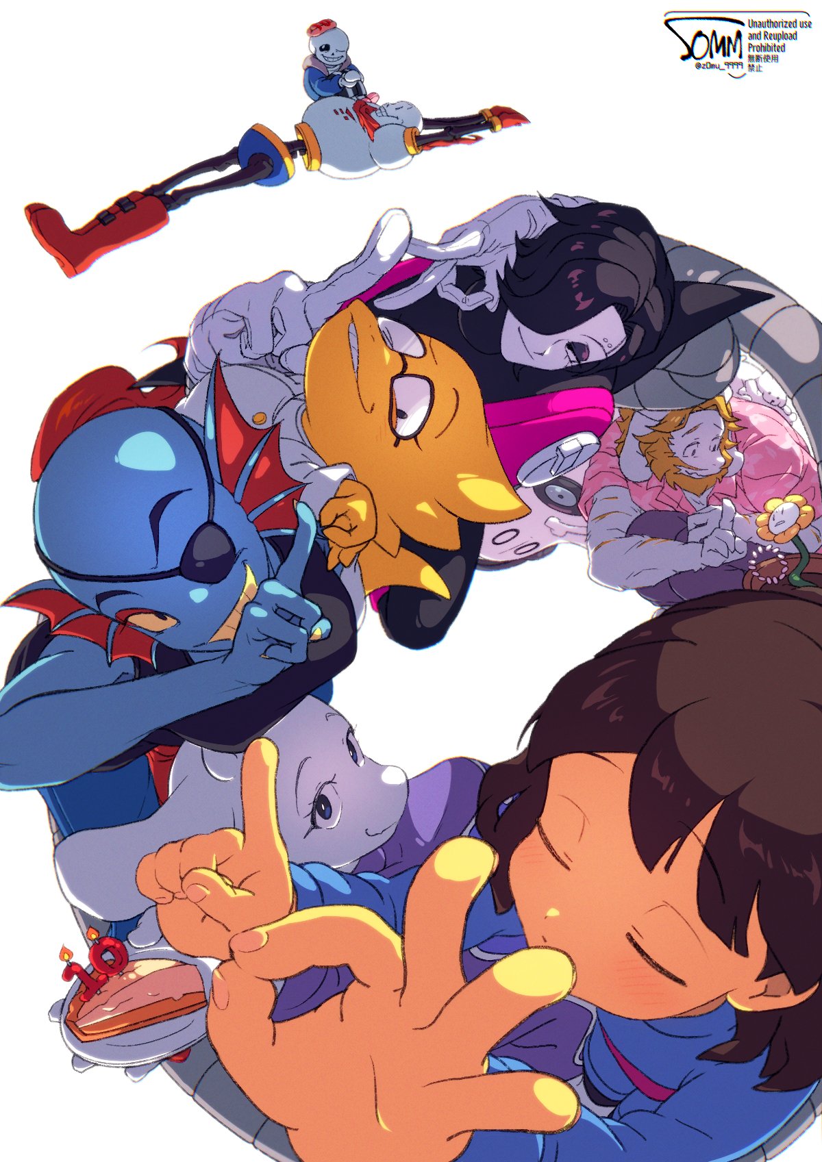 alphys, annoying dog, asgore dreemurr, flowey (undertale), frisk (undertale), mettaton, mettaton ex, napstablook, papyrus (undertale), sans (undertale), toriel, undyne, undertale, utdr (toby fox), commentary, highres, android, animal ears, anniversary, beard, black eyes, black hair, blonde hair, blue jacket, blue shirt, blue skin, boots, brown hair, candle, closed eyes, colored sclera, colored skin, dog, eyepatch, facial hair, fins, fire, fish girl, flower, food, glasses, gloves, goat boy, goat ears, goat girl, hair over one eye, head fins, index finger raised, jacket, multiple boys, multiple girls, ok sign, one eye covered, pie, pie slice, plate, red boots, red gloves, reptile girl, shirt, short hair, signature, skeleton, somm (z0mu 9999), twitter username, yellow flower, yellow sclera, yellow skin