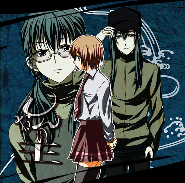 saitou ayumi, yasuoka shion, shion no ou, black legwear, 00s, 1boy, 2girls, black hair, blue hair, brown hair, cowboy shot, dual persona, expressionless, from side, glasses, hand in pocket, hat, long hair, long sleeves, looking at viewer, multiple girls, rimless eyewear, saito ayumi, shirt, short hair, standing, sweater, thighhighs, trap, very long hair, white shirt, zettai ryouiki