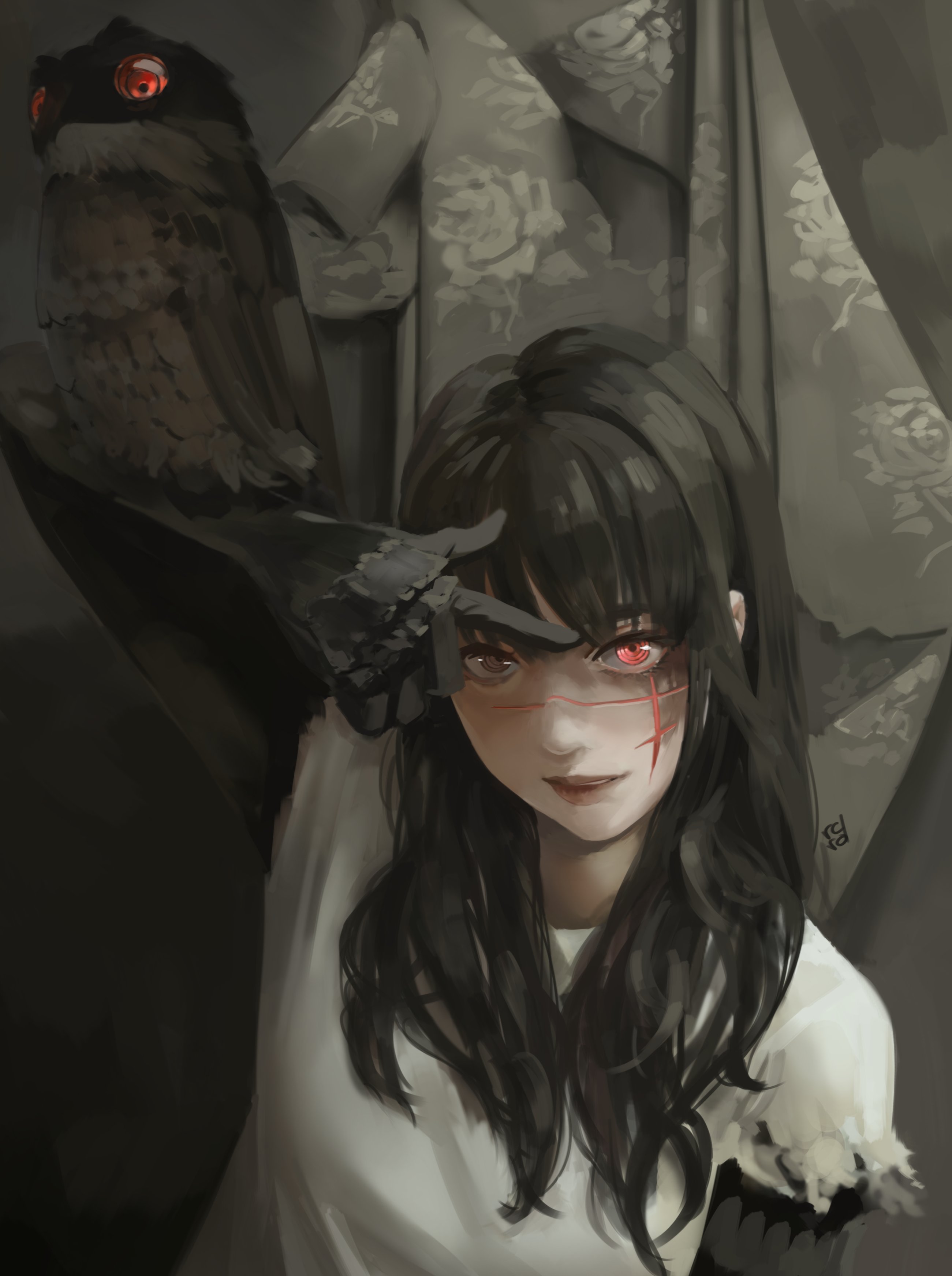 dana (ocana dana), war devil (chainsaw man), yoru (chainsaw man), chainsaw man, absurdres, commentary, highres, 1girl, animal on arm, bird, bird on arm, black hair, brown eyes, brown lips, cross scar, facial scar, heterochromia, parted lips, pointing, pointing at self, red eyes, ringed eyes, scar, scar on cheek, scar on face, scar on nose, signature, solo, torn clothes, torn sleeves, upper body