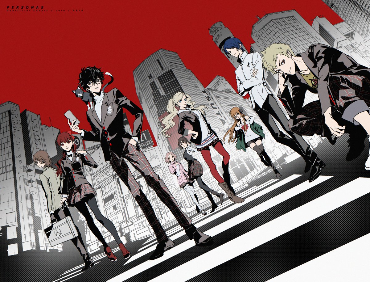 doran (doran7280), akechi gorou, amamiya ren, kitagawa yuusuke, morgana (cat) (persona 5), morgana (persona 5), niijima makoto, okumura haru, sakamoto ryuuji, sakura futaba, takamaki anne, yoshizawa kasumi, persona, persona 5, persona 5 the royal, commentary request, 4boys, 5girls, ahoge, arm at side, billboard, black-framed eyewear, black boots, black bow, black cat, black eyes, black gloves, black hair, black jacket, black pants, black pantyhose, black shoes, black shorts, black skirt, black tank top, black thighhighs, black vest, blonde hair, blue eyes, blue hair, blunt bangs, boots, bow, briefcase, brown eyes, brown hair, building, cat, cellphone, city, copyright name, crossed arms, crosswalk, curly hair, dress shirt, dutch angle, english text, everyone, facing to the side, facing viewer, from behind, full body, fur-trimmed jacket, fur trim, glasses, gloves, green jacket, grey jacket, hair between eyes, hair bow, hand in pocket, hand on own chest, hand on own ear, hand on own knee, hand on own shoulder, hand up, hands on own hips, headphones, holding, holding briefcase, holding phone, hood, hoodie, jacket, knee up, kosei high school uniform, light smile, long hair, long sleeves, looking at viewer, looking back, looking to the side, mary janes, messy hair, multiple boys, multiple girls, open clothes, open jacket, orange hair, outdoors, pants, pants rolled up, pantyhose, parted bangs, phone, pink sweater, plaid clothes, plaid pants, plaid skirt, pleated skirt, ponytail, red bow, red eyes, red hair, red pantyhose, red shoes, red sky, school uniform, shibuya (tokyo), shirt, shoes, short hair, short shorts, shorts, shuujin academy school uniform, sidelocks, skirt, sky, skyscraper, smartphone, squatting, sweater, tank top, thighhighs, tokyo (city), turtleneck, turtleneck sweater, twintails, vest, white hoodie, white pantyhose, white shirt, white shoes, yellow shirt