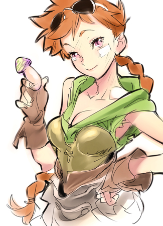 nishieda, golden lore, bad id, bad pixiv id, lowres, mushroom, pink eyes, red hair, solo, sunglasses