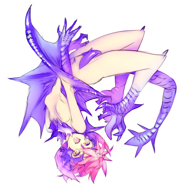 nishieda, yian garuga, capcom, monster hunter (series), bad id, bad pixiv id, 1girl, dragon girl, fangs, female focus, flexible, monster girl, no nipples, nude, orange eyes, personification, pink hair, scales, simple background, solo, wings