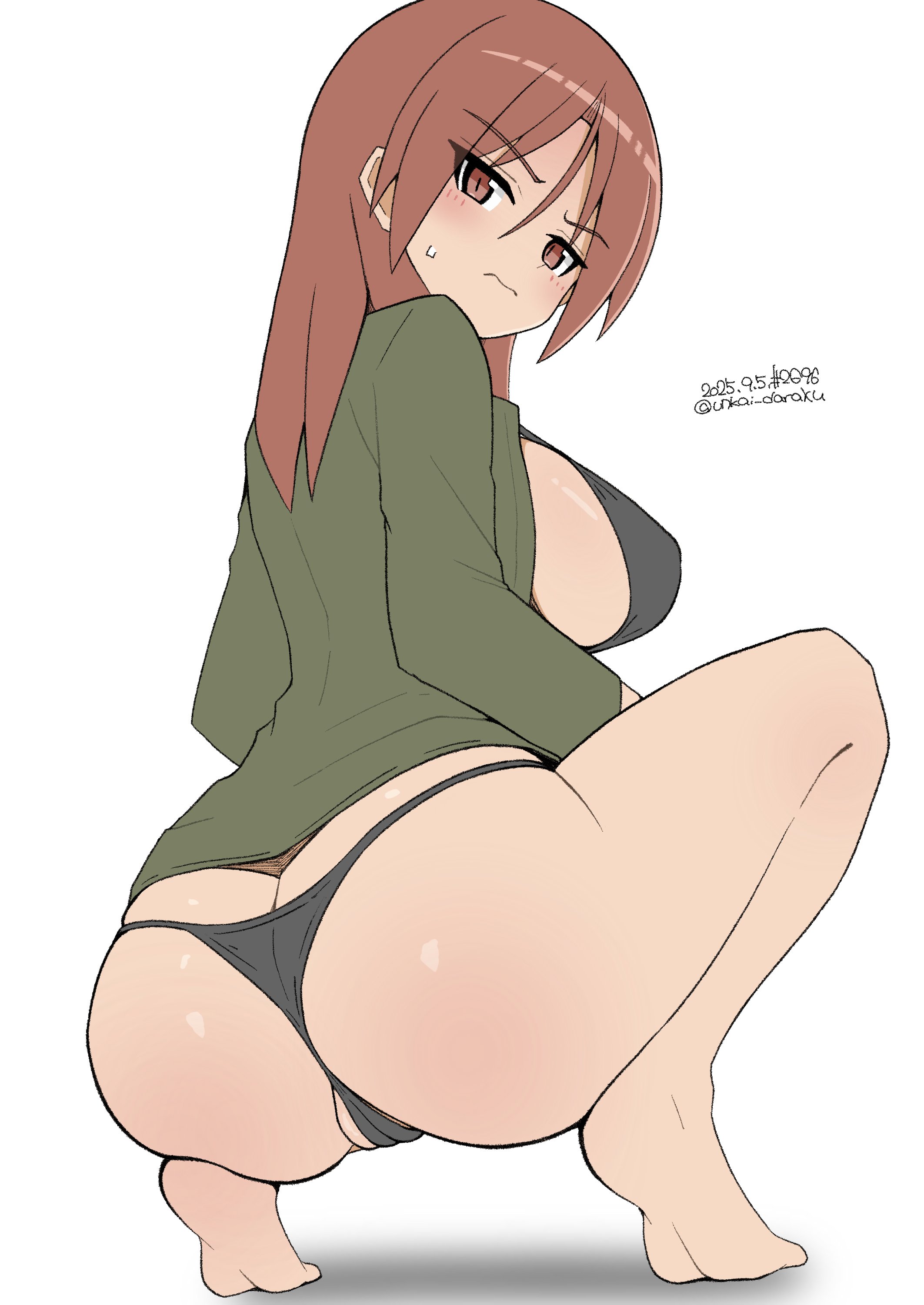unkai daraku, minna-dietlinde wilcke, strike witches, world witches series, absurdres, highres, 1girl, ass, bikini, black bikini, blush, breasts, cameltoe, closed mouth, crotch, dated, large breasts, long hair, looking at viewer, military uniform, red eyes, red hair, signature, simple background, solo, swimsuit, white background