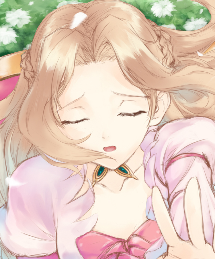 nunnally vi britannia, code geass, french braid, 00s, 1girl, arm up, braid, breasts, brown hair, cleavage, closed eyes, collarbone, female focus, long sleeves, outstretched arm, solo, upper body