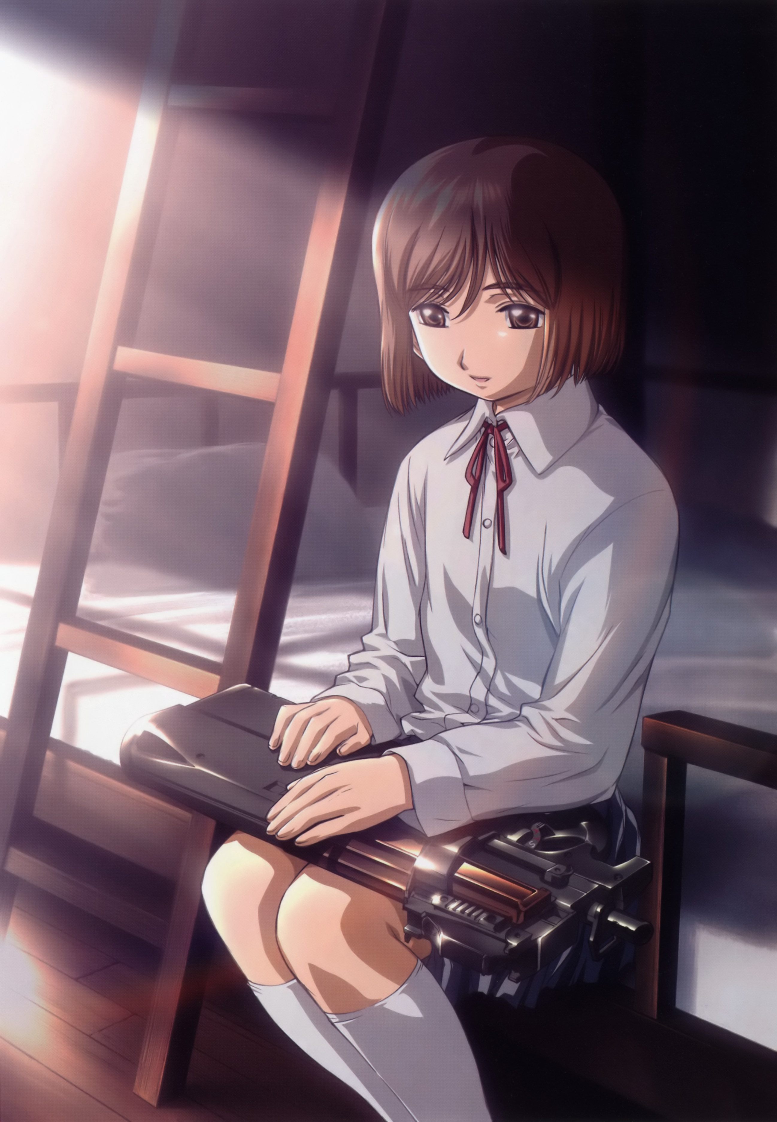 henrietta (gunslinger girl), gunslinger girl, absurdres, highres, official art, scan, 00s, 1girl, bed, bob cut, bullpup, bunk bed, female focus, gun, horizontal magazine, kneehighs, ladder, p90, personal defense weapon, see-through clothes, short hair, sitting, socks, solo, submachine gun, sunlight, translucent, weapon, white socks