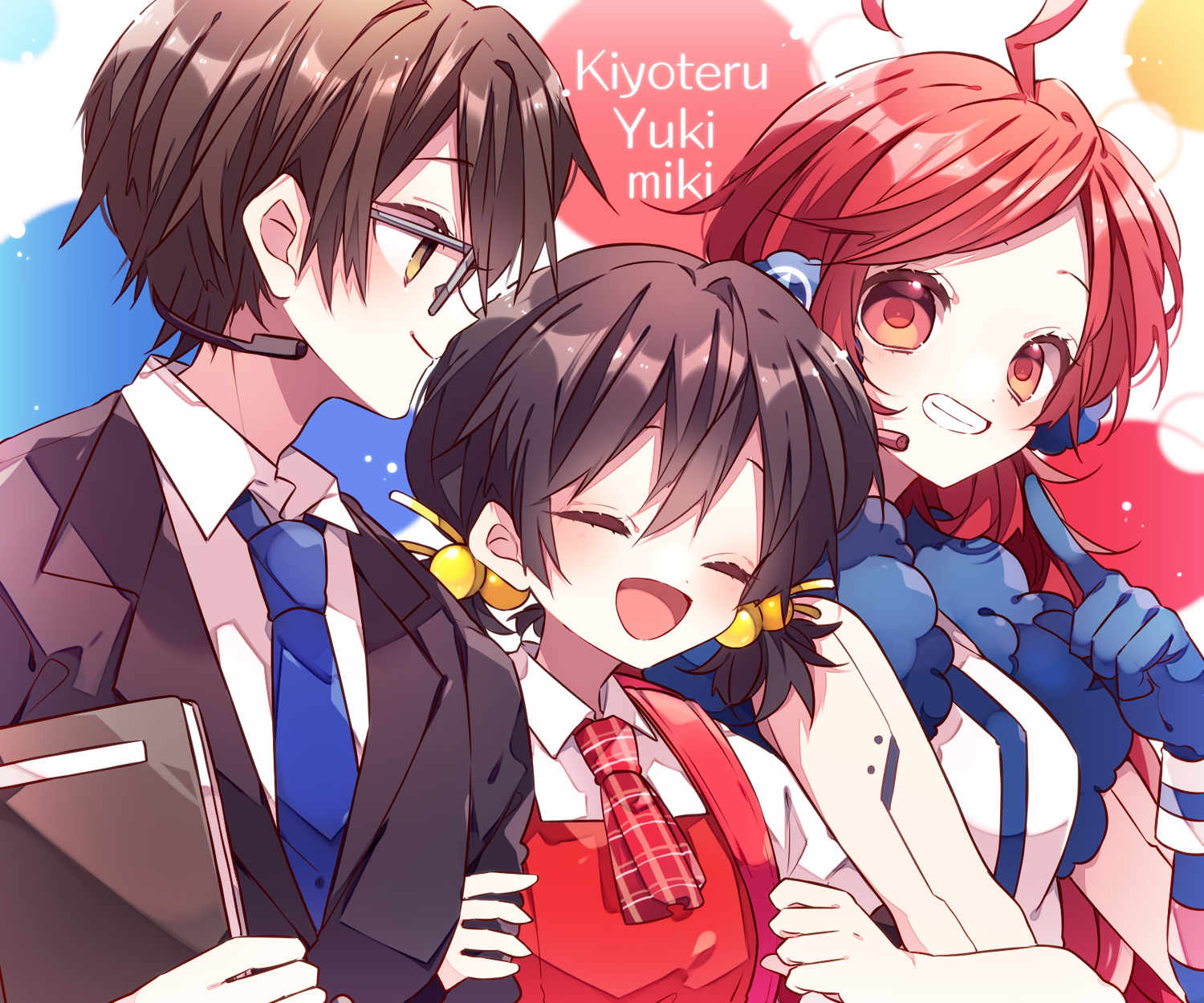 kaho 0102, hiyama kiyoteru, kaai yuki, sf-a2 miki, vocaloid, commentary request, highres, 1boy, 2girls, :d, ahoge, black jacket, blue necktie, blush, brown eyes, brown hair, character name, closed eyes, closed mouth, collared shirt, glasses, grin, hair bobbles, hair ornament, jacket, low twintails, multiple girls, necktie, open mouth, parted bangs, red eyes, red hair, red vest, shirt, short hair, short sleeves, short twintails, smile, twintails, upper body, vest, white shirt