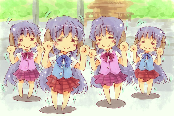 nekokun, hanyuu, higurashi no naku koro ni, light purple hair, 00s, 4girls, = =, alternate color, blush, chibi, clone, horns, long hair, multiple girls, neck ribbon, outdoors, plaid clothes, plaid skirt, ribbon, school uniform, single horn, skirt, smile, very long hair, vest