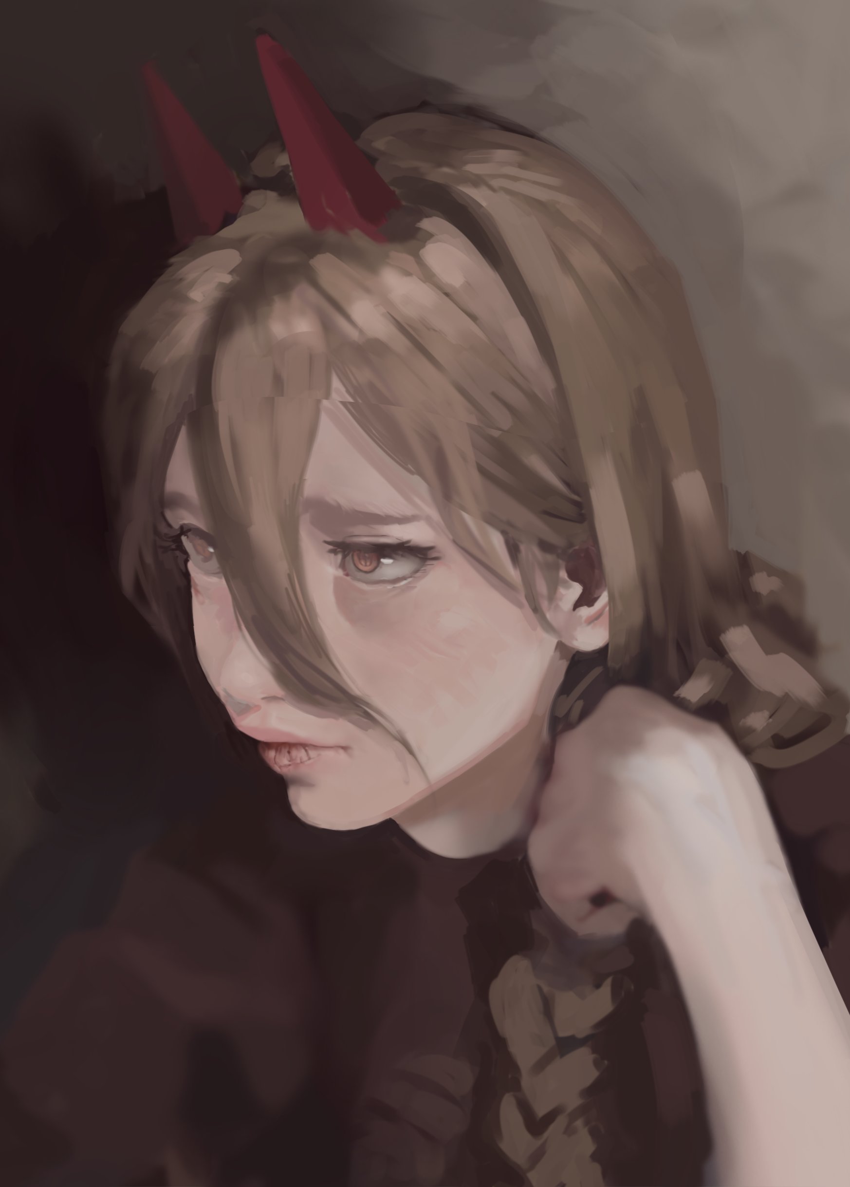 dana (ocana dana), power (chainsaw man), chainsaw man, absurdres, commentary, english commentary, highres, 1girl, blonde hair, braid, braided ponytail, hair between eyes, hair over shoulder, horns, portrait, profile, red eyes, red horns, solo