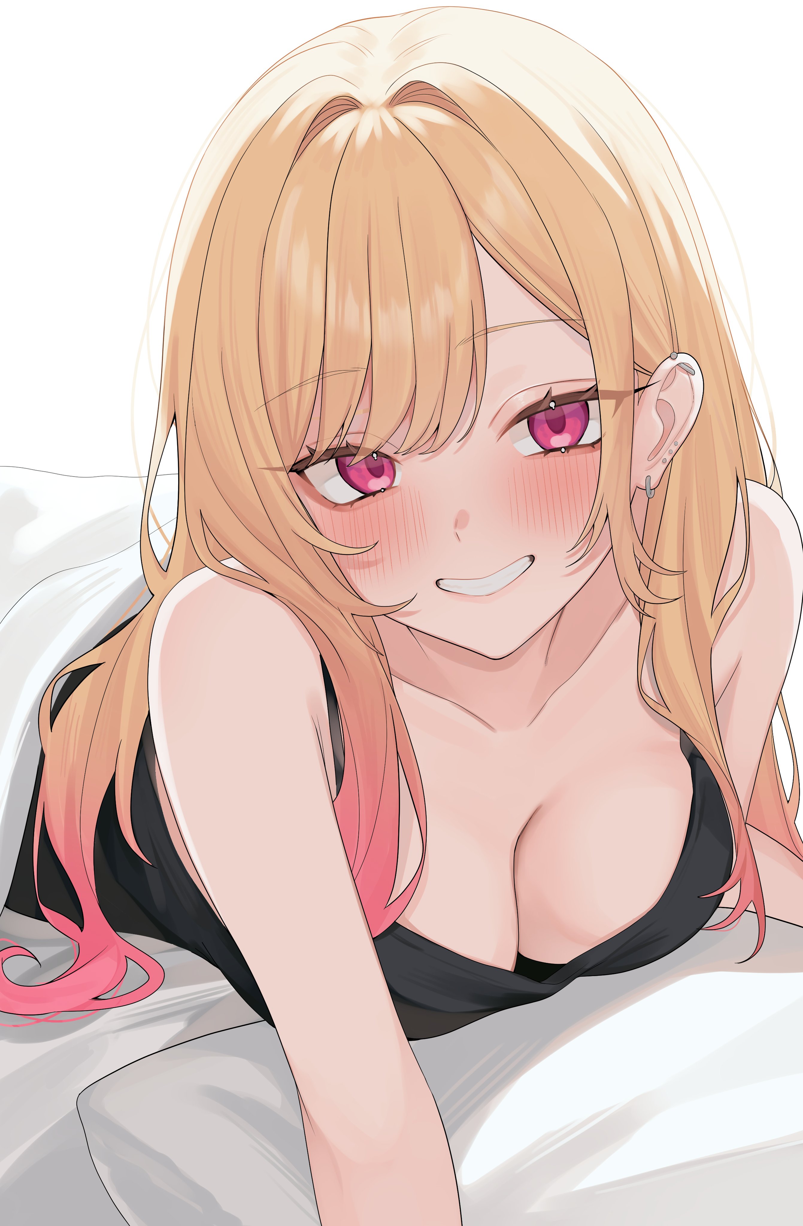 mugripley, kitagawa marin, sono bisque doll wa koi wo suru, absurdres, commentary, english commentary, highres, 1girl, bare shoulders, black shirt, blanket, blonde hair, blush, breasts, cleavage, ear piercing, gradient hair, grin, large breasts, long hair, looking at viewer, lying, multicolored hair, on stomach, piercing, pillow, pink eyes, pink hair, shirt, simple background, sleeveless, sleeveless shirt, smile, solo, under covers, white background