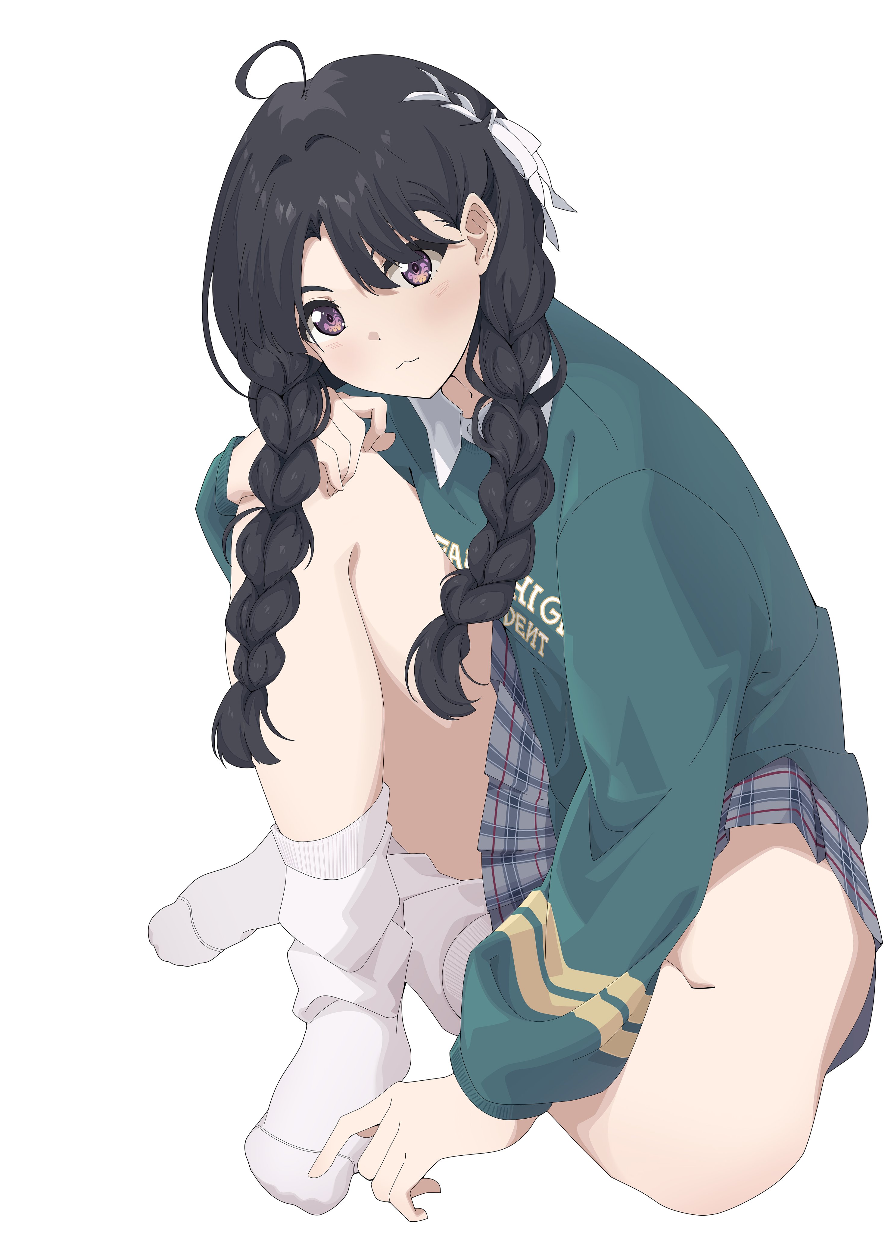 niaochw, awa subaru, girls band cry, absurdres, commentary, highres, 1girl, :3, ahoge, black hair, braid, closed mouth, green sweater, grey skirt, hair ribbon, long hair, long sleeves, loose socks, no shoes, parted bangs, plaid clothes, plaid skirt, pleated skirt, purple eyes, ribbon, simple background, sitting, skirt, socks, solo, sweater, twin braids, white background, white ribbon, white socks