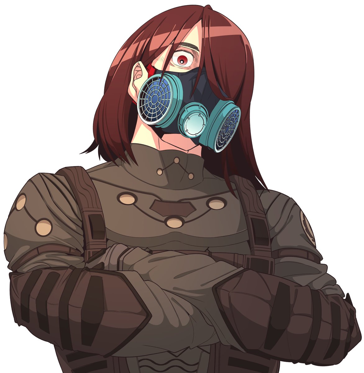 zonberu tsukiji, original, commentary request, highres, 1boy, brown eyes, brown hair, crossed arms, from below, gas mask, hair over one eye, looking at viewer, male focus, mask, medium hair, mismatched eyebrows, solo, tactical clothes, white background, wide-eyed