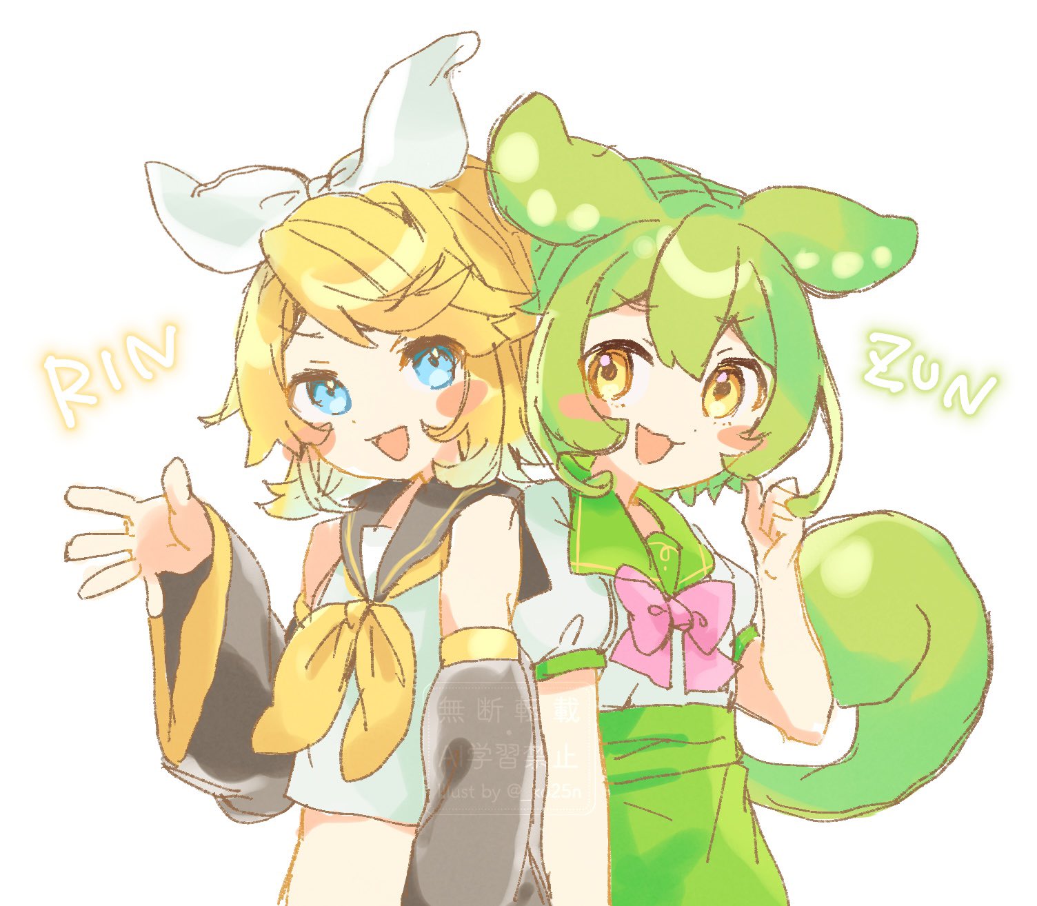 kagamine rin, zundamon, vocaloid, voicevox, commentary request, highres, 2girls, :3, animal ears, back-to-back, black sailor collar, black sleeves, blonde hair, blue eyes, blush stickers, bow, bowtie, character name, crop top, cropped shirt, detached sleeves, green hair, green sailor collar, hair bow, hand up, koniko (ko25n), medium hair, multiple girls, neckerchief, open mouth, pink bow, pink bowtie, puffy short sleeves, puffy sleeves, sailor collar, sailor shirt, shirt, short hair, short sleeves, simple background, sleeveless, sleeveless shirt, smile, tail, upper body, watermark, white background, white bow, white shirt, wide sleeves, yellow eyes, yellow neckerchief