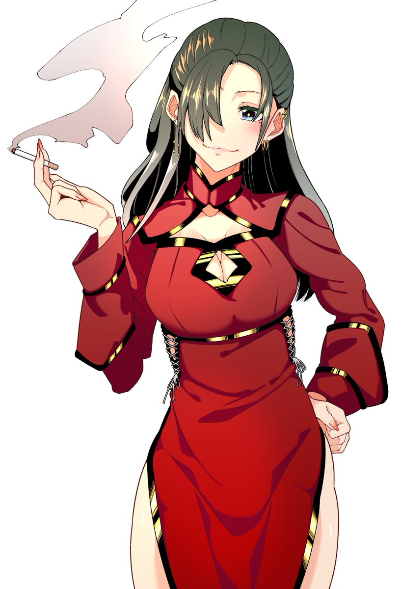 zonberu tsukiji, original, commentary request, highres, 1girl, blue eyes, breasts, cigarette, cleavage, cleavage cutout, clothing cutout, dress, ear piercing, earrings, fingernails, green hair, hair over one eye, hand on own hip, holding, holding cigarette, jewelry, large breasts, long fingernails, multiple earrings, piercing, red dress, red nails, side slit, smoke, solo