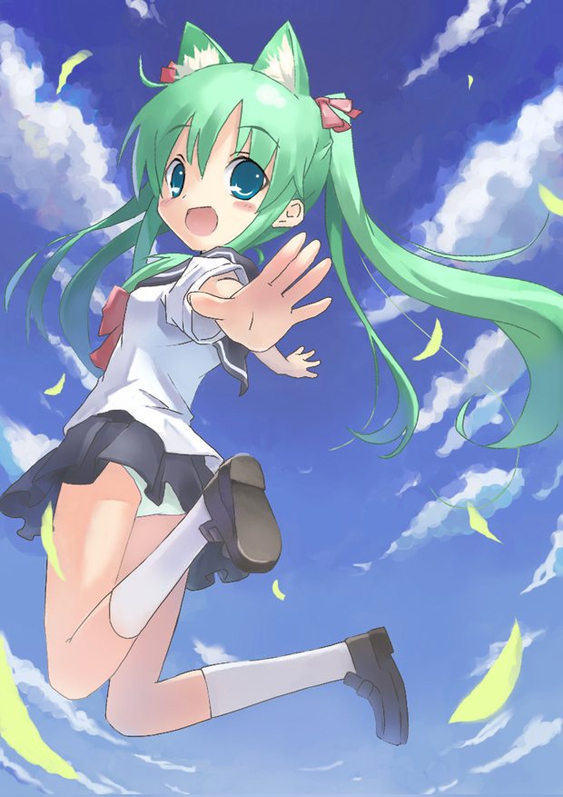 saeki nao, original, bad id, bad pixiv id, 1girl, :d, animal ears, aqua eyes, blue eyes, blush stickers, cloud, day, female focus, foreshortening, green hair, jumping, long hair, looking at viewer, midair, open mouth, outstretched arms, panties, pantyshot, petals, school uniform, serafuku, sky, smile, solo, spread arms, twintails, underwear