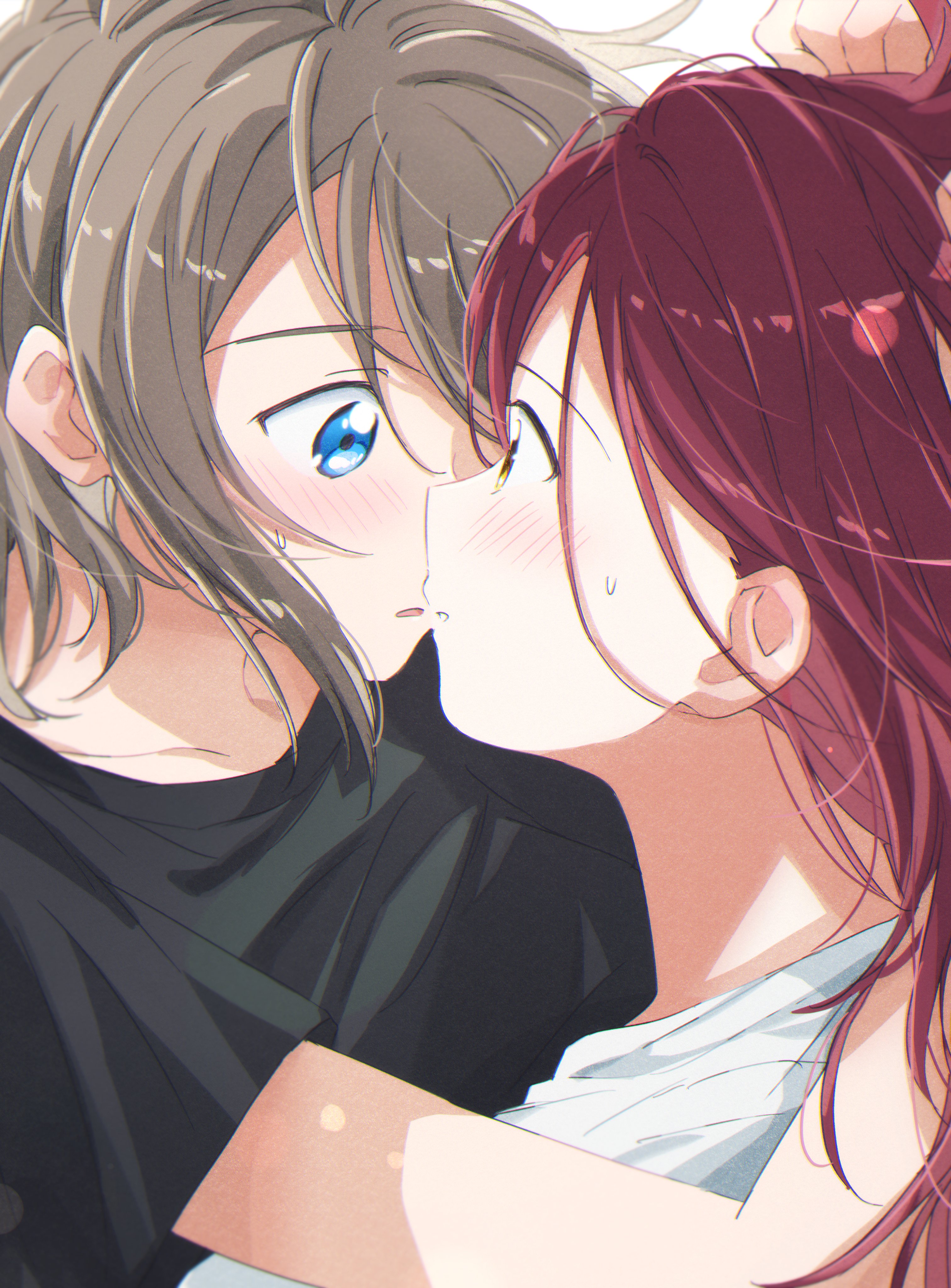 yuchi (salmon-1000), sakurauchi riko, watanabe you, love live!, love live! sunshine!!, absurdres, commentary request, highres, 2girls, black shirt, blue eyes, blush, eye contact, grey hair, long hair, looking at another, multiple girls, open mouth, red hair, shirt, short hair, white shirt, yellow eyes, yuri