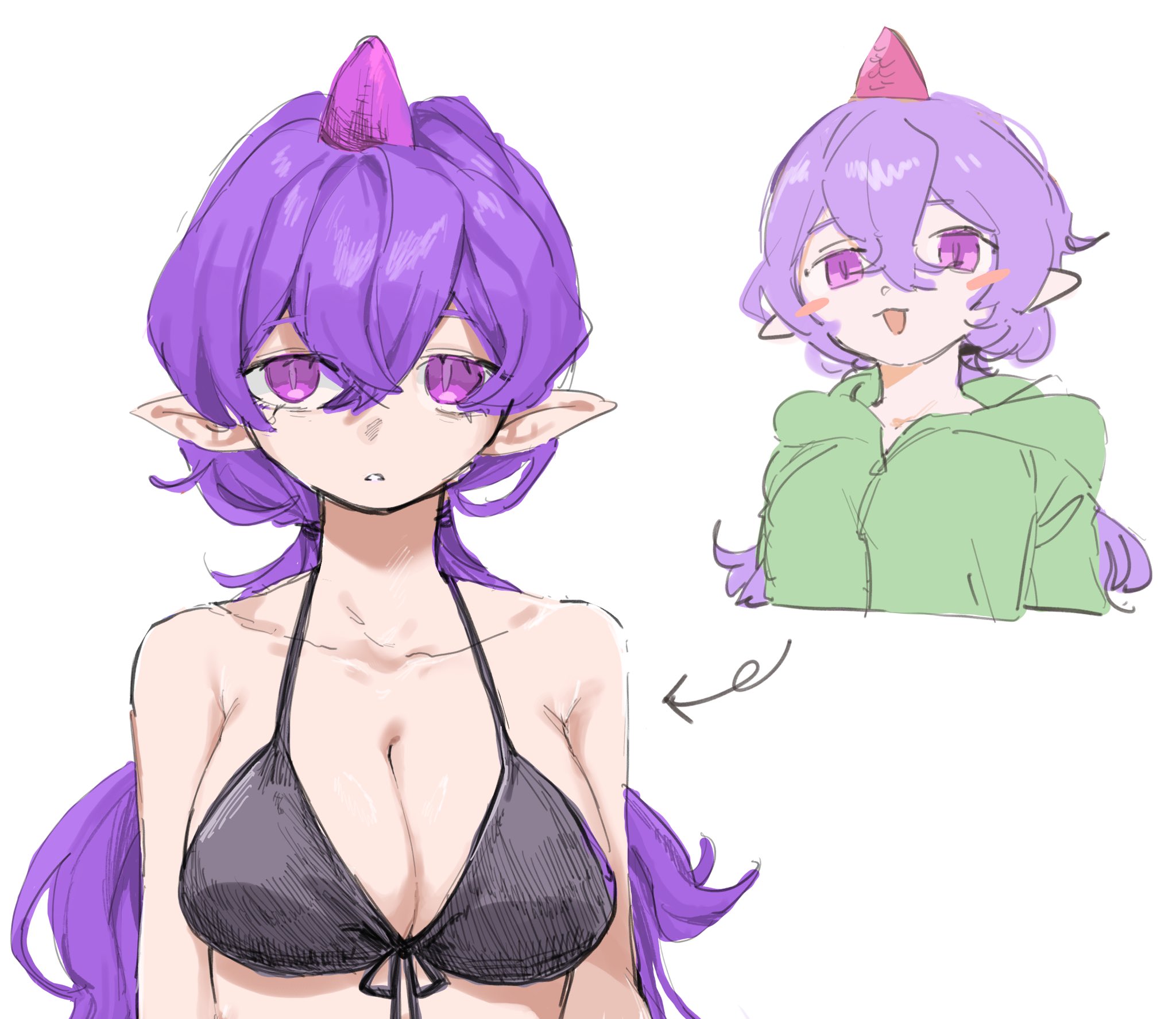 yagisan1578, tenkajin chiyari, touhou, highres, 1girl, :d, alternate costume, alternate hairstyle, bikini, black bikini, blonde hair, blush, breasts, collarbone, expressionless, front-tie bikini top, front-tie top, green hoodie, hood, hoodie, horns, large breasts, looking at viewer, low ponytail, open mouth, pointy ears, ponytail, purple eyes, purple hair, single horn, slit pupils, smile, solo, swimsuit, upper body, white background