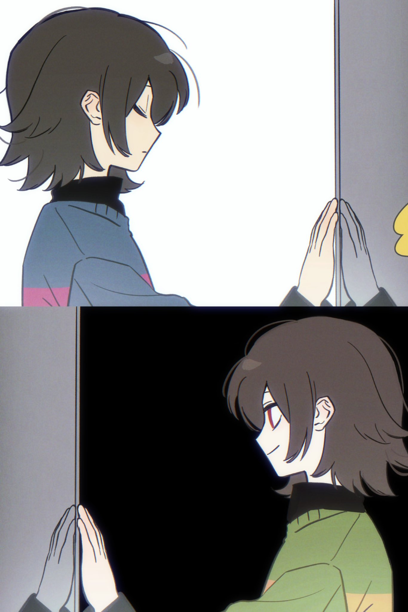 nuobeiyhengaoxingrenshini, chara (undertale), frisk (undertale), undertale, utdr (toby fox), commentary, hashtag-only commentary, highres, 2others, black shirt, blue sweater, brown hair, closed eyes, closed mouth, green sweater, multiple others, other focus, red eyes, shirt, short hair, smile, sweater