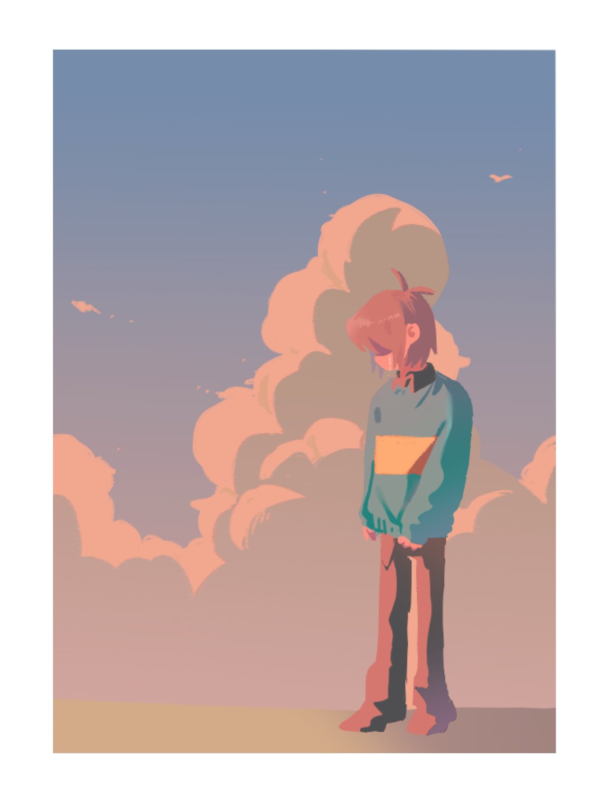 shiki ii, kris (deltarune), deltarune, utdr (toby fox), highres, 1other, antenna hair, bird, black pants, border, brown hair, cloud, green sweater, long sleeves, other focus, pants, partially shaded face, short hair, single horizontal stripe, solo, striped clothes, striped sweater, sweater, white border