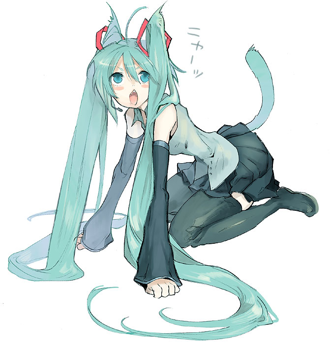 chachie, hatsune miku, vocaloid, 1girl, all fours, animal ears, black thighhighs, blue eyes, blue hair, blush, cat ears, cat tail, detached sleeves, female focus, headset, kneeling, long hair, matching hair/eyes, open mouth, skirt, solo, tail, thighhighs, twintails, very long hair