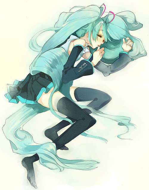 chachie, hatsune miku, vocaloid, 1girl, black thighhighs, blue hair, cha tsuu, closed eyes, detached sleeves, female focus, green eyes, green hair, long hair, lying, matching hair/eyes, on side, pleated skirt, skirt, sleeping, solo, thighhighs, twintails, very long hair