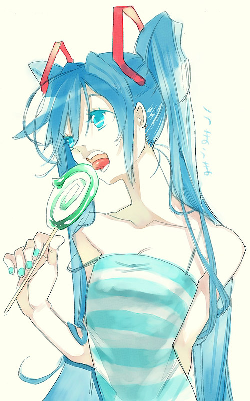 chachie, hatsune miku, tion yoku, vocaloid, striped, 1girl, aqua nails, bare shoulders, blue eyes, blue hair, camisole, candy, collarbone, female focus, food, licking, lollipop, long hair, matching hair/eyes, nail polish, sexually suggestive, simple background, solo, strap slip, swirl lollipop, tongue, twintails, upper body