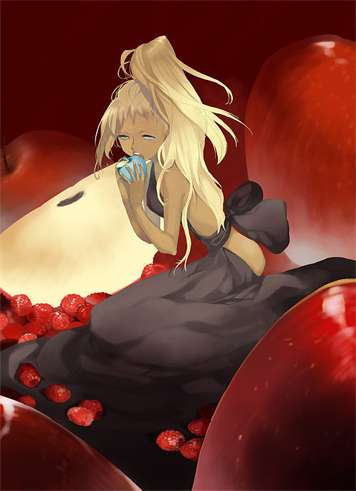 chachie, original, 1girl, apple, backless dress, backless outfit, black dress, blonde hair, blue eyes, bow, dark-skinned female, dark skin, dress, eating, female focus, food, fruit, long hair, nail polish, open mouth, raspberry, red background, sitting, solo, strawberry, yellow nails