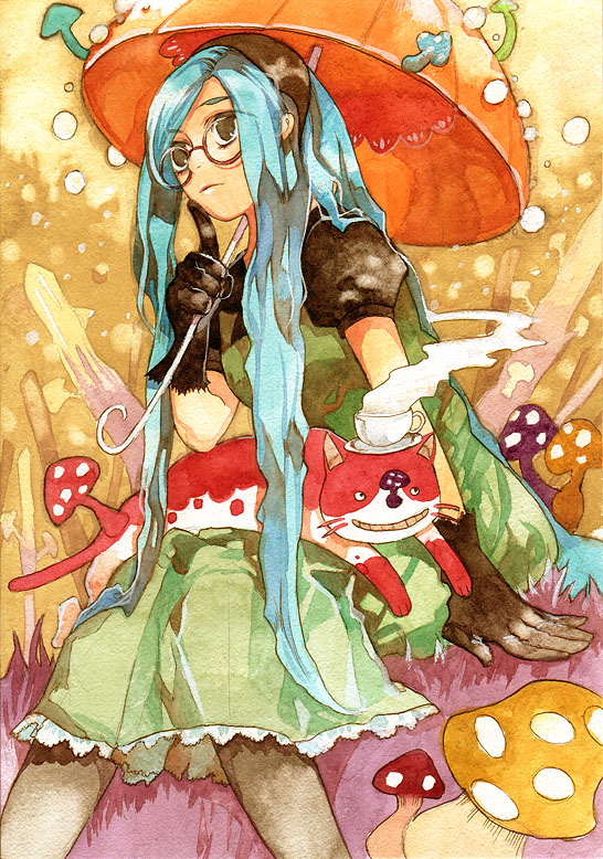 chachie, original, bad id, blue hair, cat, cup, glasses, gloves, long hair, mushroom, solo, umbrella