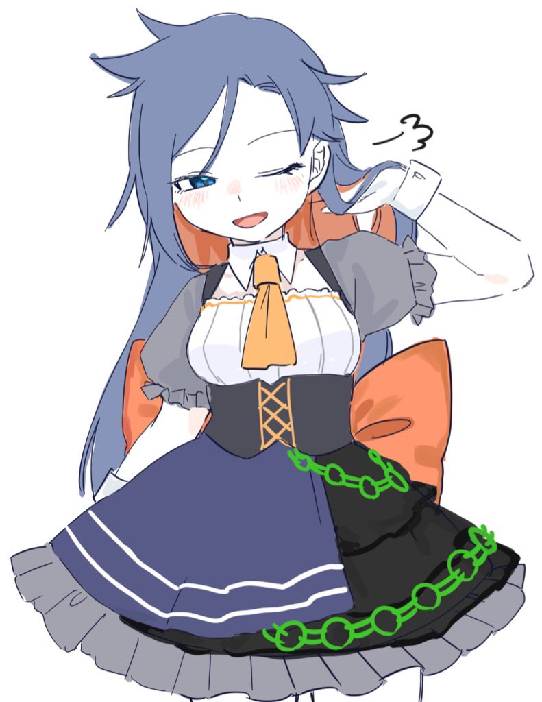 yagisan1578, himemushi momoyo, touhou, 1girl, alternate costume, ascot, black dress, blue dress, blue eyes, blush, collar, corset, dress, frills, grey dress, grey hair, hand in own hair, long hair, multicolored dress, multicolored hair, one eye closed, open mouth, orange ascot, orange hair, short sleeves, solo, two-tone hair, white background