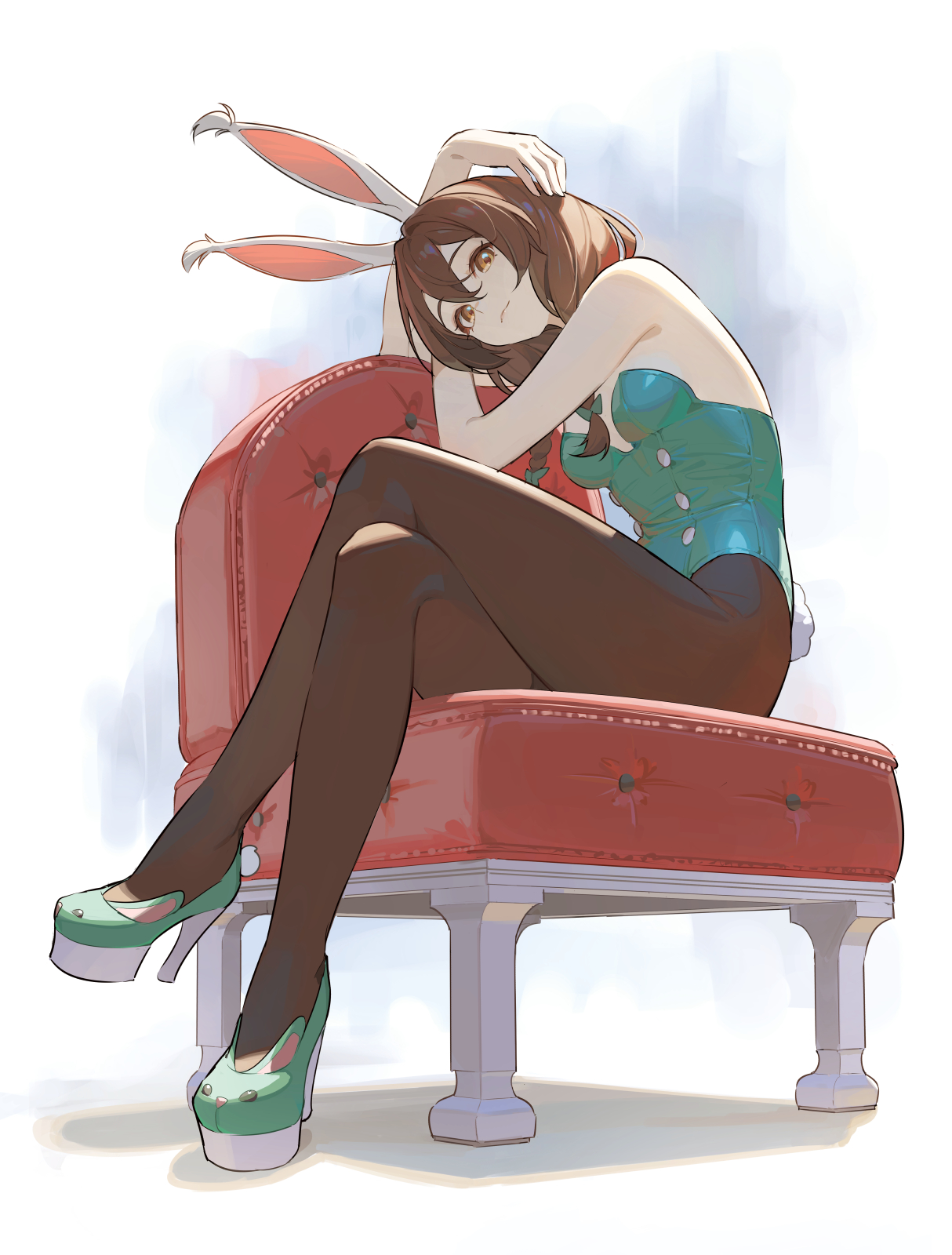 timbougami, original, commentary, english commentary, highres, 1girl, animal ears, black pantyhose, braid, breasts, brown eyes, brown hair, chair, closed mouth, crossed legs, full body, green leotard, green shoes, high heels, leotard, long hair, looking at viewer, on chair, pantyhose, playboy bunny, rabbit ears, shoes, sitting, solo, strapless, strapless leotard, twin braids