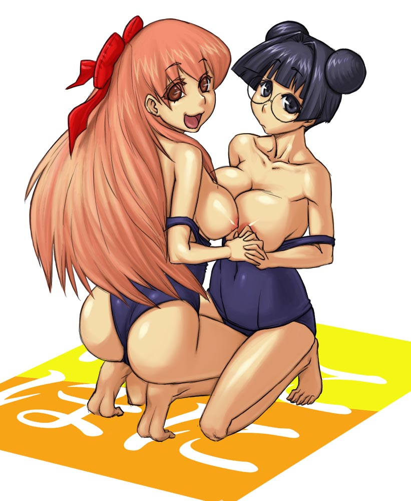 konakona, shiratori suzune, tachibana rei, pani poni dash!, 00s, 2girls, ass, barefoot, black hair, breast press, breasts, breasts out, clothes pull, double bun, feet, female focus, glasses, hair bun, holding hands, huge breasts, kneeling, large breasts, long hair, multiple girls, nipples, one-piece swimsuit, one-piece swimsuit pull, open mouth, orange hair, school swimsuit, short hair, simple background, swimsuit, symmetrical docking