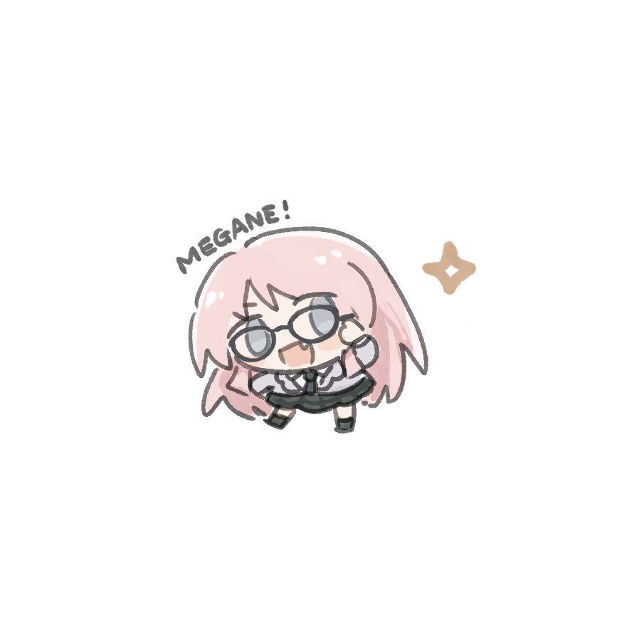 m (226mmy), chihaya anon, bang dream!, bang dream! it's mygo!!!!!, 1girl, chibi, chibi only, fang, glasses, grey eyes, haneoka school uniform, long hair, long sleeves, open mouth, pink hair, school uniform, simple background, skirt, solo, white background