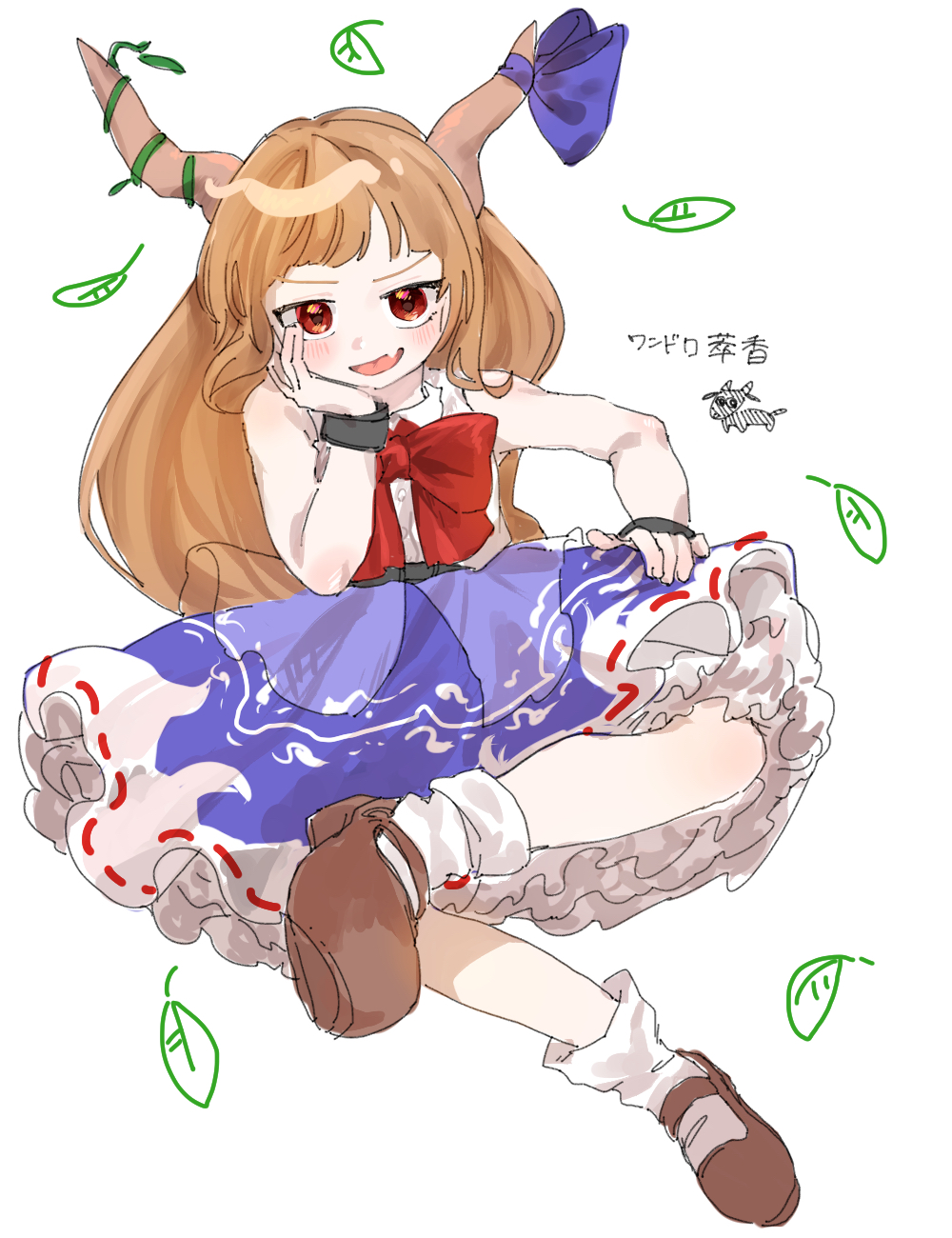 yagisan1578, ibuki suika, touhou, highres, 1girl, bare shoulders, blush, brown shoes, fang, frills, full body, head rest, horns, long hair, looking at viewer, open mouth, orange hair, purple skirt, red eyes, shirt, shoes, sitting, skin fang, skirt, sleeveless, sleeveless shirt, smile, socks, solo, white background, white shirt, white socks, wrist cuffs