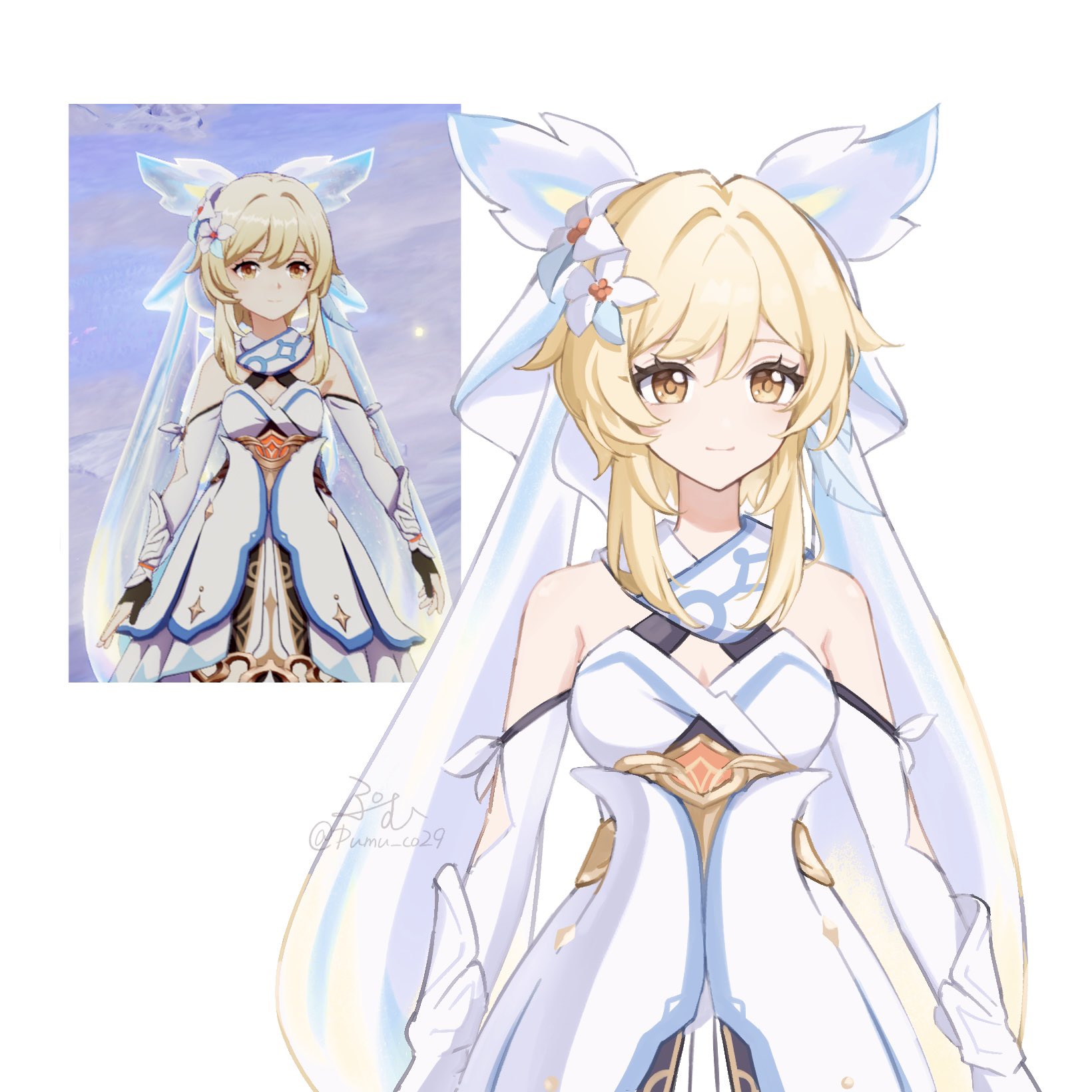pumu (pumu co29), lumine (genshin impact), genshin impact, commentary request, highres, 1girl, bare shoulders, blonde hair, breasts, closed mouth, detached sleeves, dress, flower, game screenshot inset, hair between eyes, hair flower, hair ornament, looking at viewer, medium breasts, reference inset, short hair with long locks, signature, simple background, sleeveless, sleeveless dress, smile, solo, twitter username, white background, white dress, white flower, white sleeves, yellow eyes