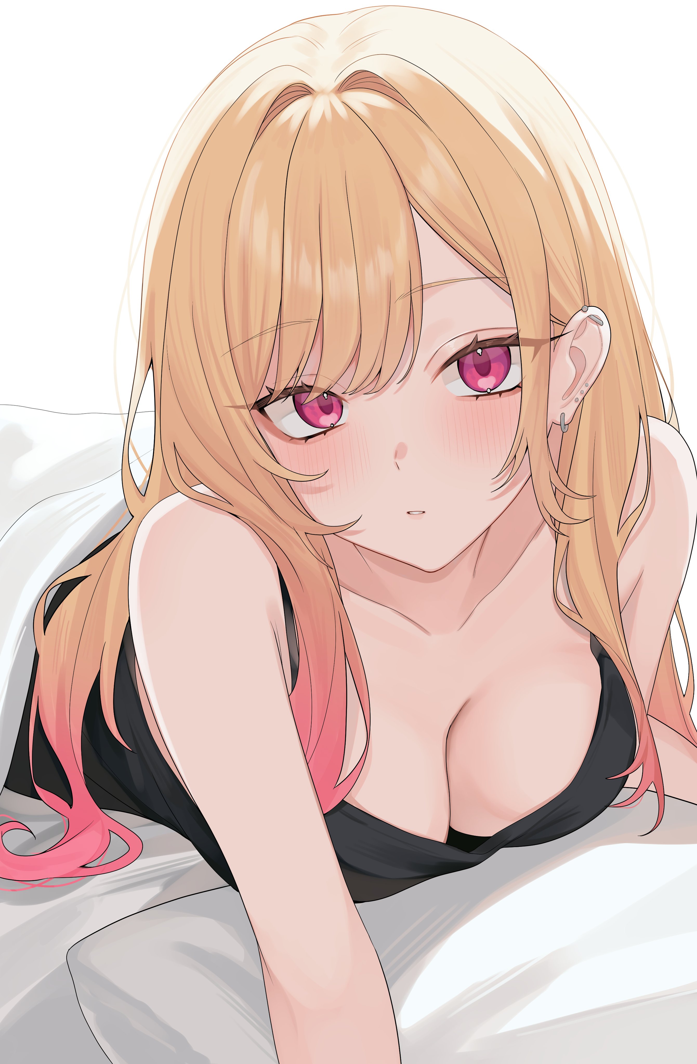 mugripley, kitagawa marin, sono bisque doll wa koi wo suru, absurdres, commentary, english commentary, highres, 1girl, bare shoulders, black shirt, blanket, blonde hair, breasts, cleavage, ear piercing, gradient hair, large breasts, long hair, looking at viewer, lying, multicolored hair, on stomach, parted lips, piercing, pillow, pink eyes, pink hair, shirt, simple background, sleeveless, sleeveless shirt, solo, under covers, white background
