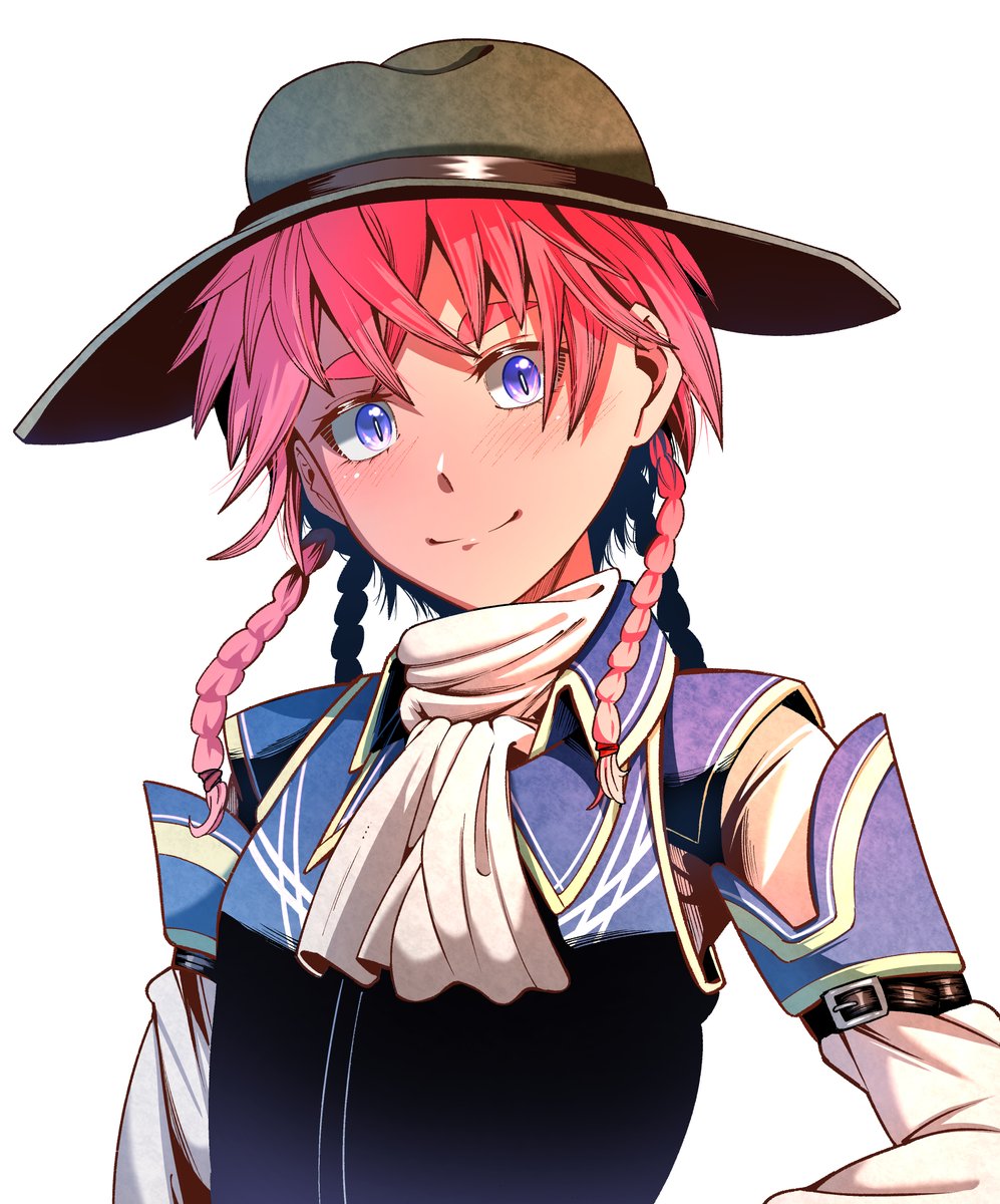 zonberu tsukiji, original, commentary request, highres, 1other, androgynous, braid, hat, other focus, purple eyes, red hair, short hair with long locks, smile, solo, thick eyebrows, upper body