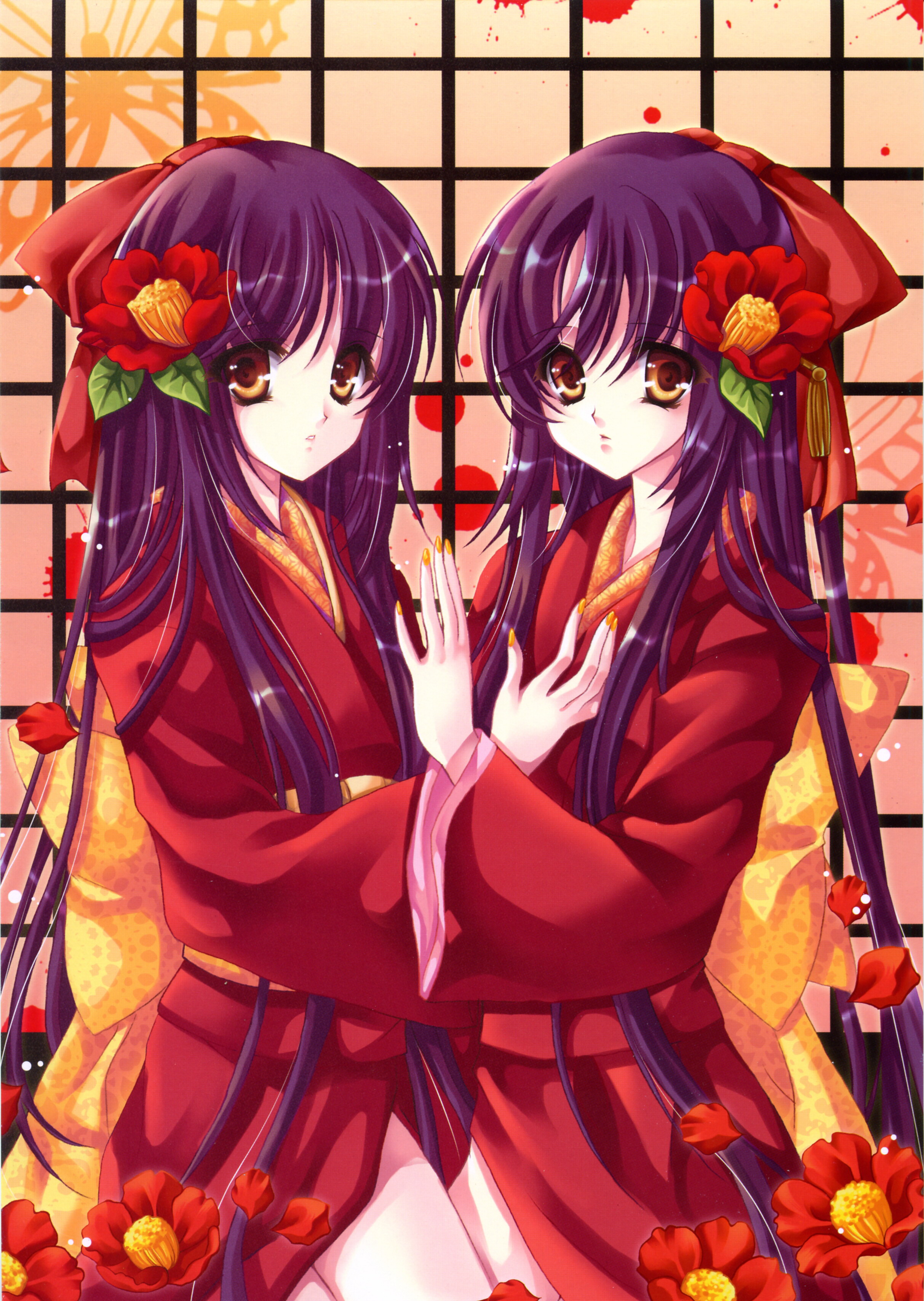 fukase ayaka, absurdres, character request, highres, source request, 2girls, bow, brown eyes, camellia, flower, hair bow, hair flower, hair ornament, japanese clothes, kimono, kneeling, long hair, multiple girls, nail polish, obi, orange nails, purple hair, sash, siblings, sisters, symmetry, twins, very long hair, yellow eyes