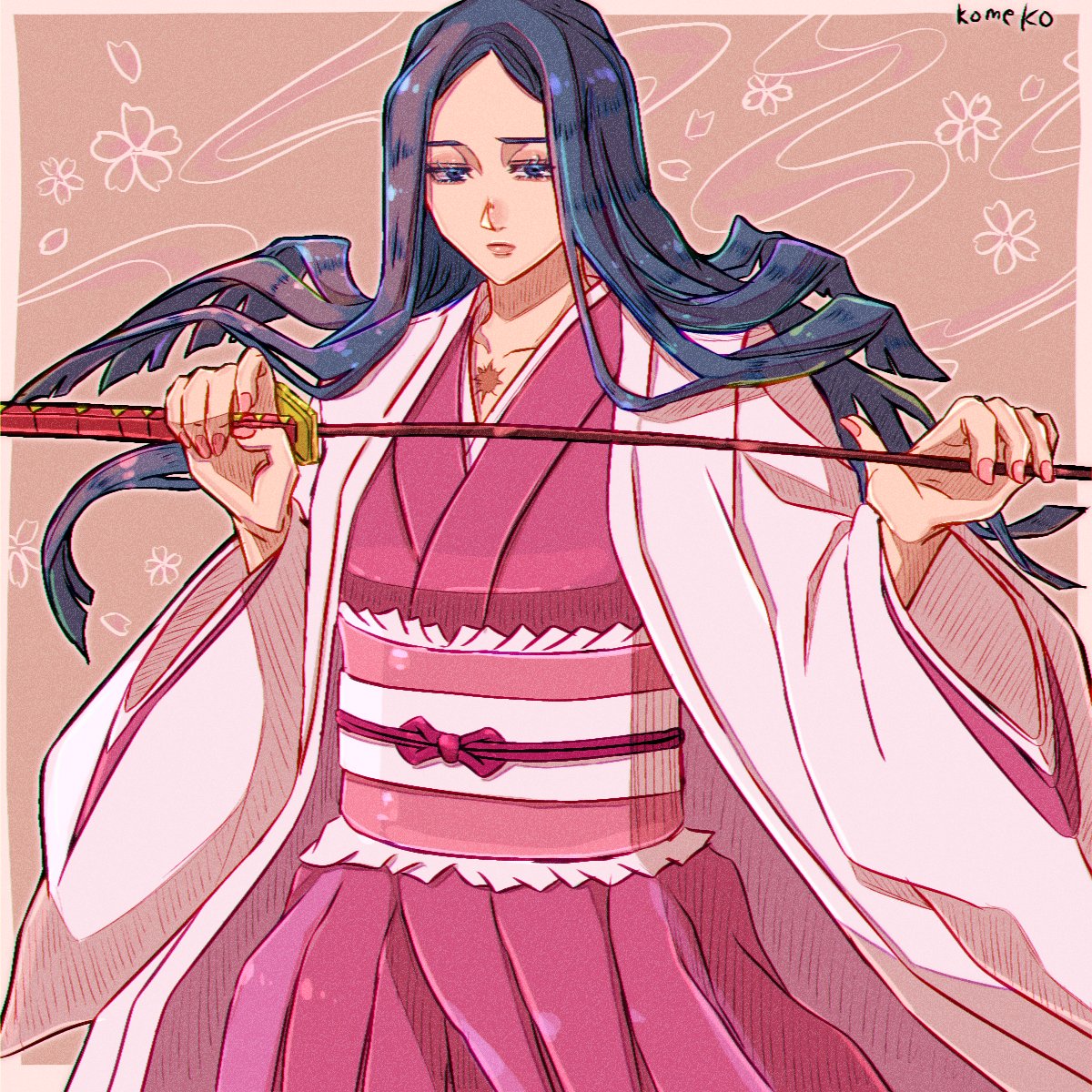 komeko (strikek-lvvjm27), unohana retsu, bleach, highres, 1girl, artist name, black hair, cherry blossom print, closed mouth, cowboy shot, floral print, haori, holding, holding sword, holding weapon, japanese clothes, katana, kimono, long hair, looking at viewer, obi, parted bangs, pink background, pink haori, pink kimono, sash, scar, scar on chest, solo, straight hair, sword, weapon, wide sleeves