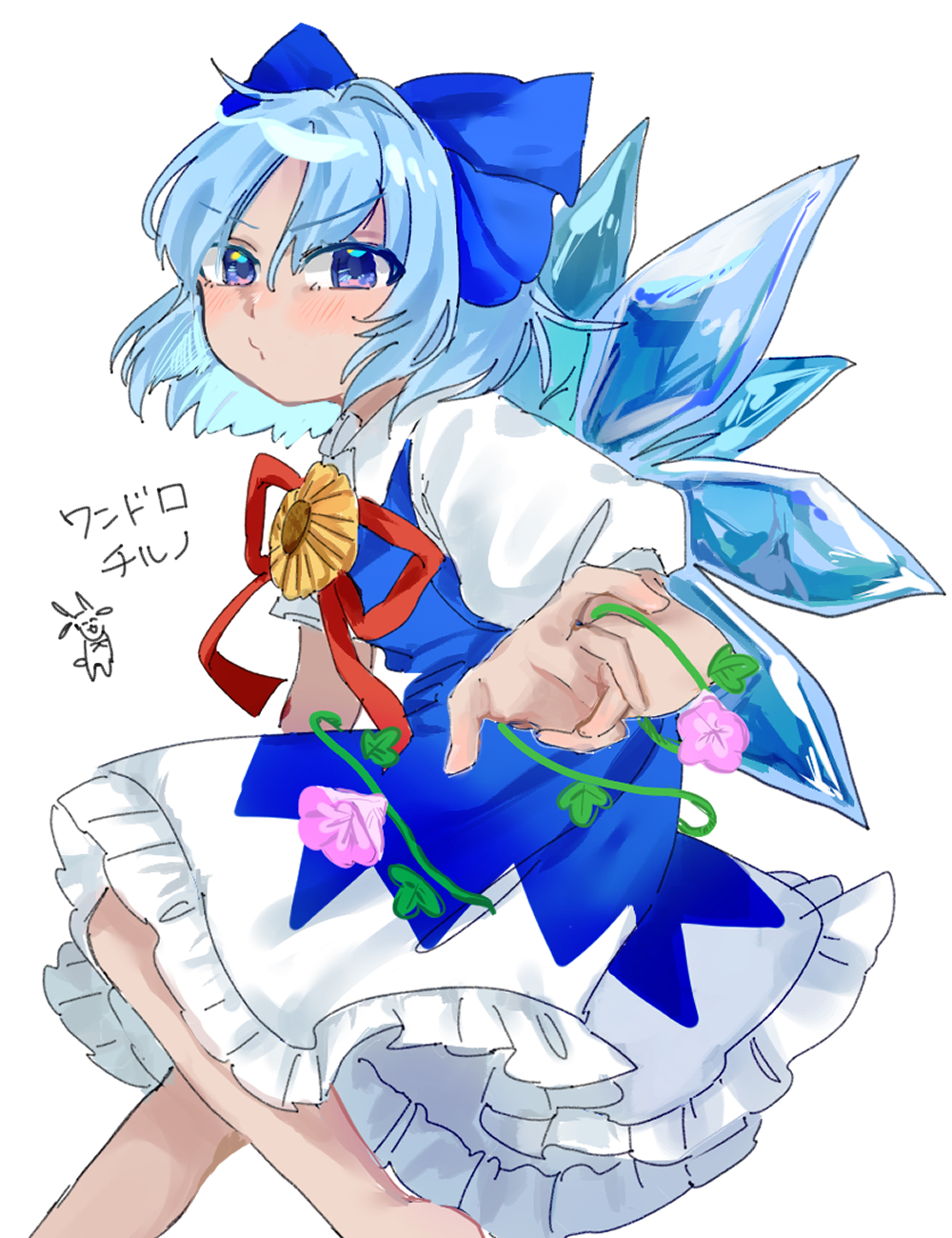 yagisan1578, cirno, tanned cirno, touhou, highres, 1girl, blue bow, blue dress, blue eyes, blue hair, blush, bow, dress, fairy, frills, ice, ice wings, looking at viewer, medium hair, short sleeves, solo, tan, two-tone dress, white background, white dress, wings