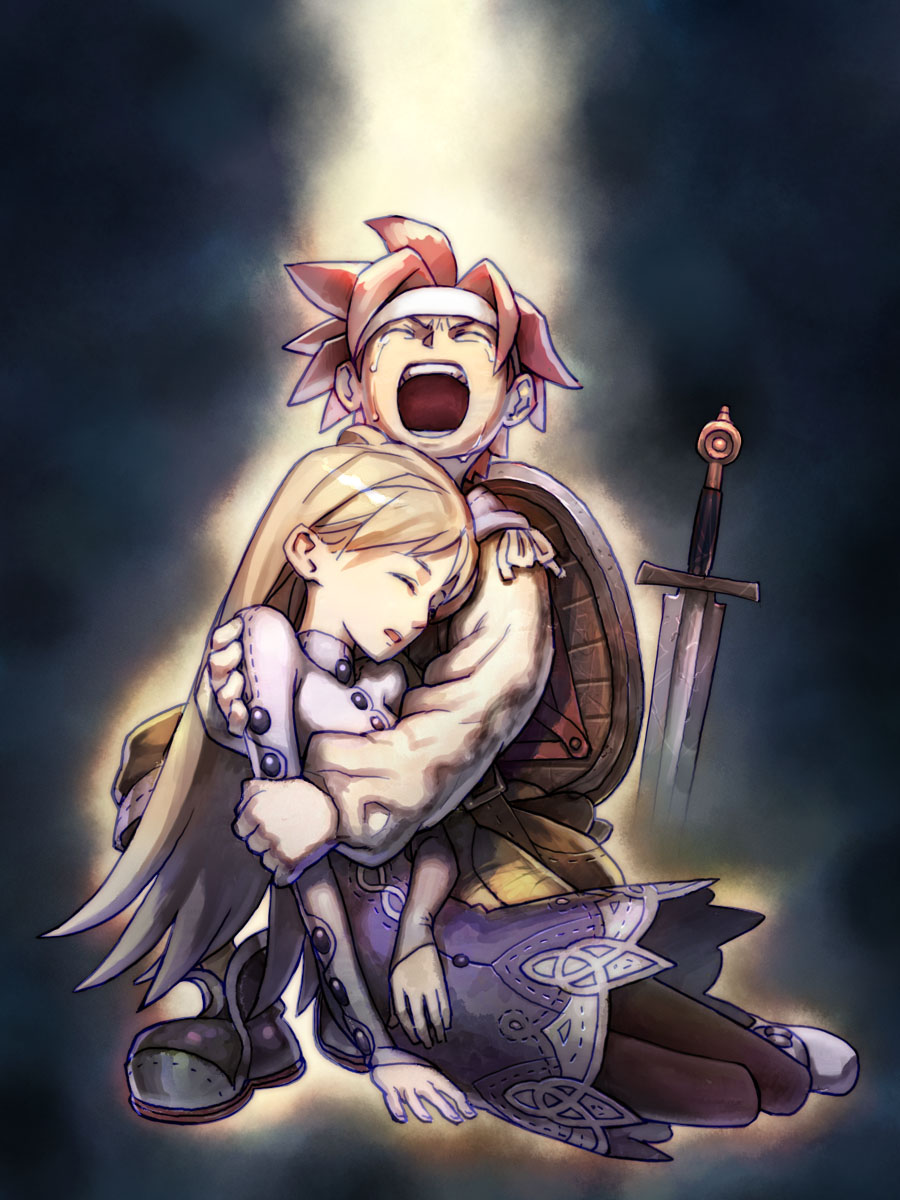 tako (pixiv8535), idea (soma bringer), welt (soma bringer), soma bringer, highres, blonde hair, closed eyes, dress, headband, hug, long hair, pantyhose, red hair, spiked hair, sword, tears, weapon