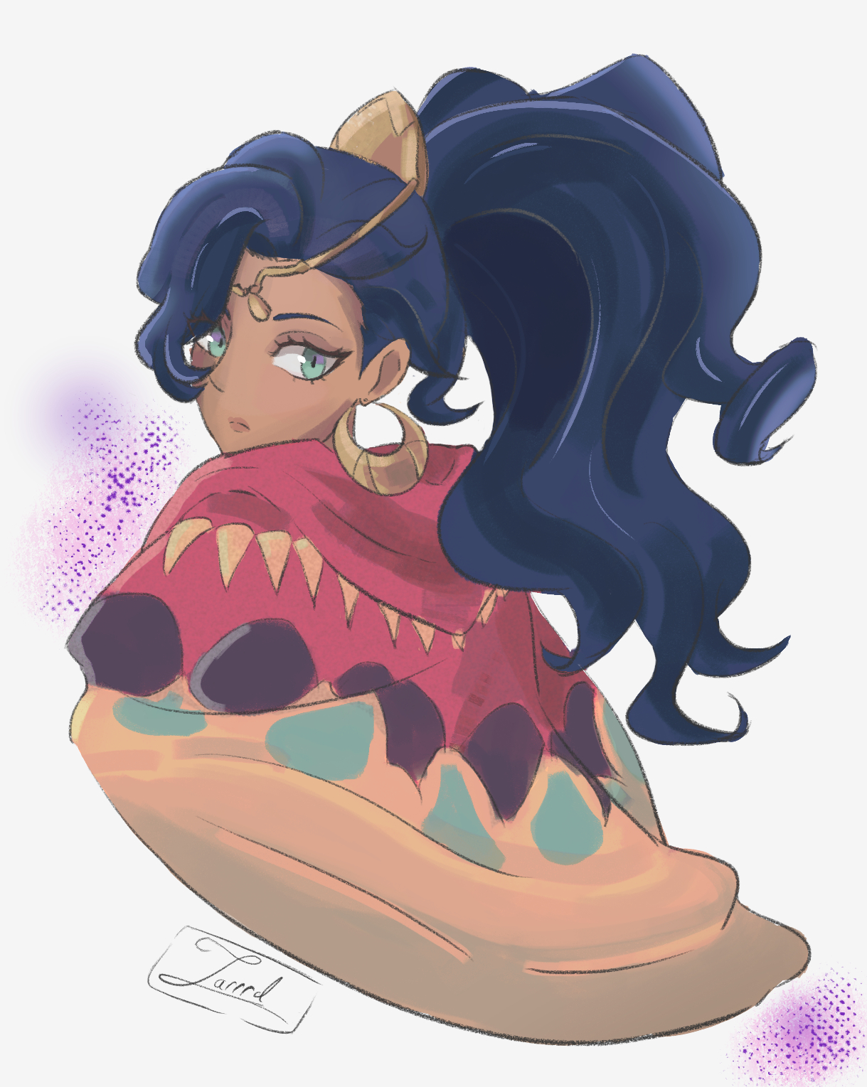 leda (fire emblem), fire emblem, fire emblem: fortune's weave, nintendo, highres, 1girl, blue hair, cloak, dark-skinned female, dark skin, earrings, gold choker, gold earrings, high ponytail, hood, hood down, hooded cloak, hoop earrings, itsjarrrd, jewelry, ponytail, red cloak, solo