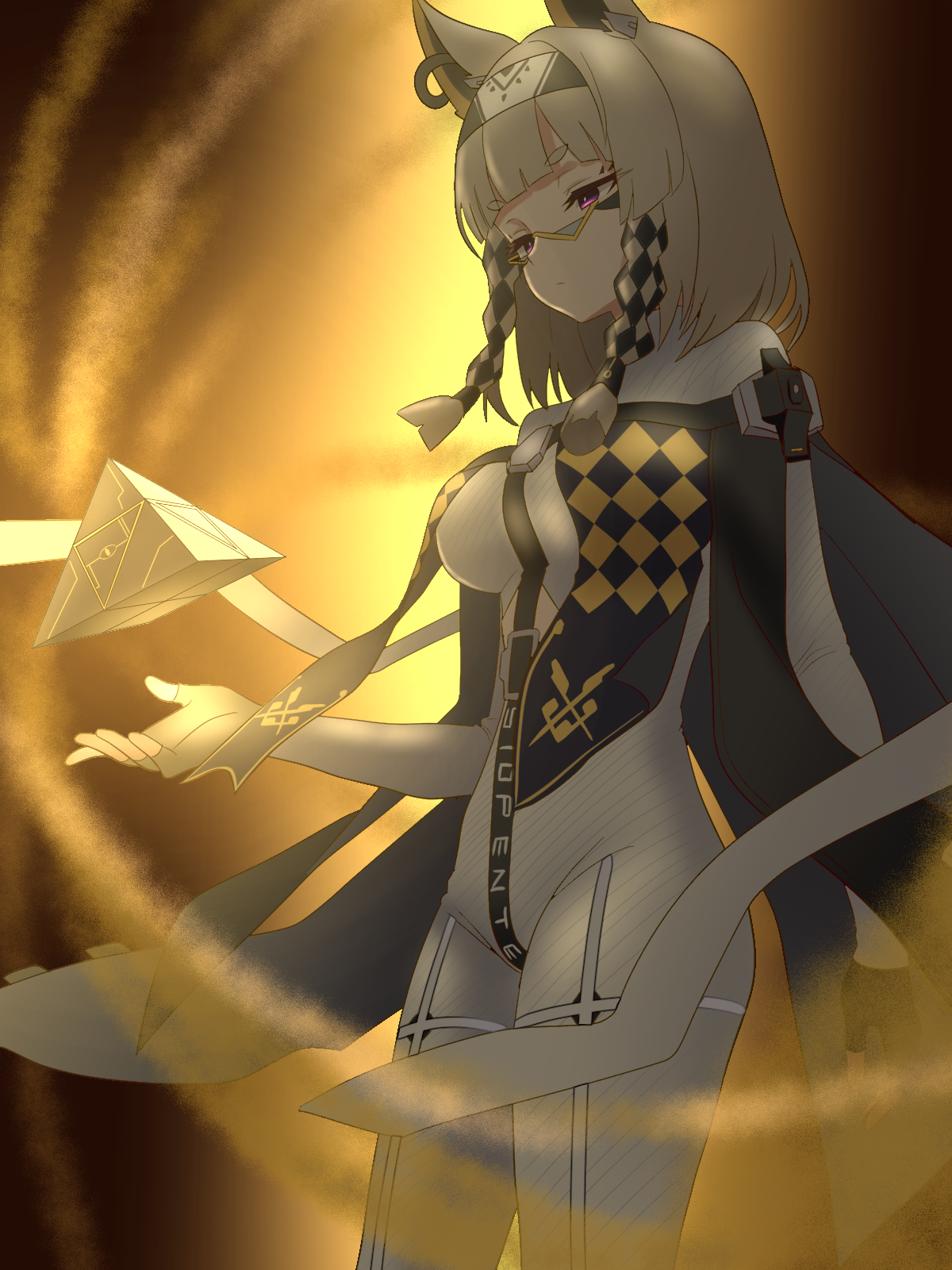 shibito (shibito0000), meredith (strinova), strinova, highres, 1girl, animal ear piercing, animal ears, black cape, black gloves, black hairband, blonde hair, blunt bangs, bodysuit, breasts, cape, cat ears, closed mouth, cowboy shot, expressionless, fingerless gloves, glasses, gloves, hairband, half-closed eyes, holding, medium breasts, medium hair, pink eyes, solo, white bodysuit