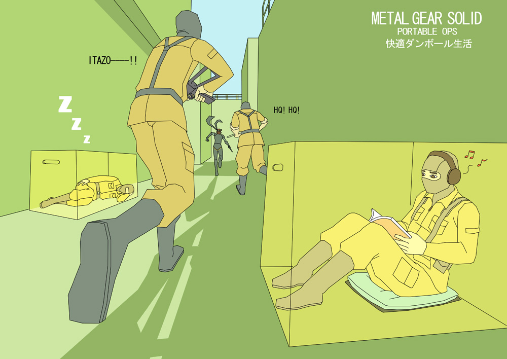 pirorin, metal gear (series), metal gear solid: portable ops, 5boys, box, cardboard box, headphones, in container, multiple boys, reading, running, sleeping