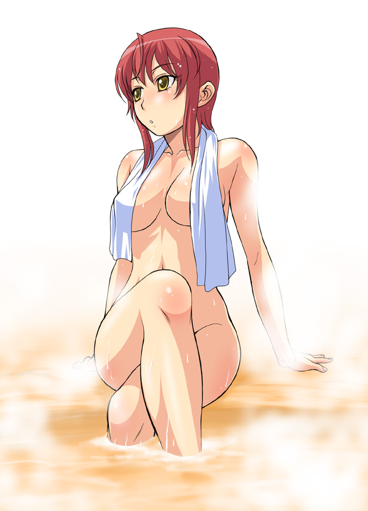 kouda tomohiro, riza wildman, kaibutsu oujo, 00s, 1girl, blush, crossed legs, female focus, legs, naked towel, nude, onsen, red hair, short hair, sitting, soaking feet, solo, sweat, towel, water, wet, yellow eyes