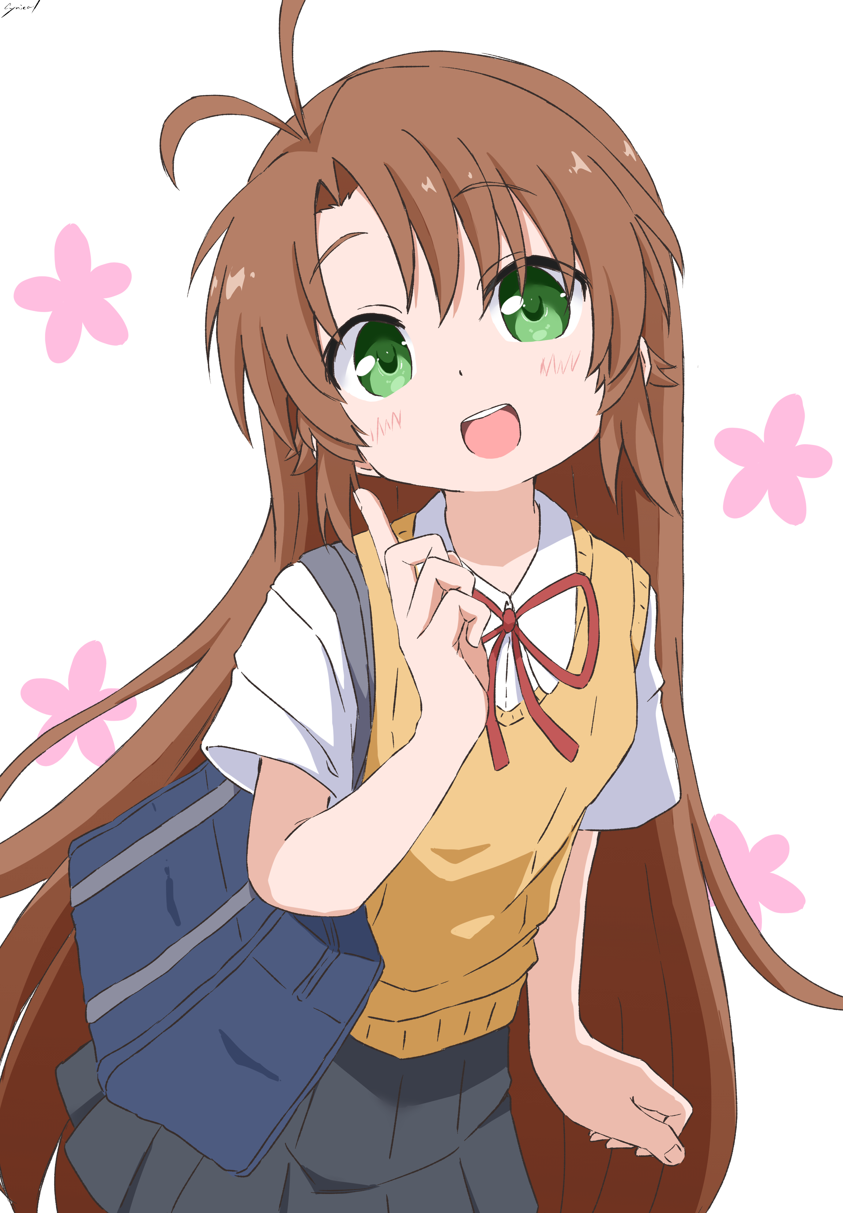 cynical (llcbluckg c004), koshigaya komari, non non biyori, absurdres, highres, 1girl, antenna hair, artist name, bag, blue skirt, blush, brown hair, dot nose, feet out of frame, female focus, green eyes, hair between eyes, long hair, looking at viewer, open mouth, ribbon, school bag, school uniform, shirt, short sleeves, simple background, skirt, solo, standing, sweater vest, teeth, white background, white shirt, yellow sweater vest