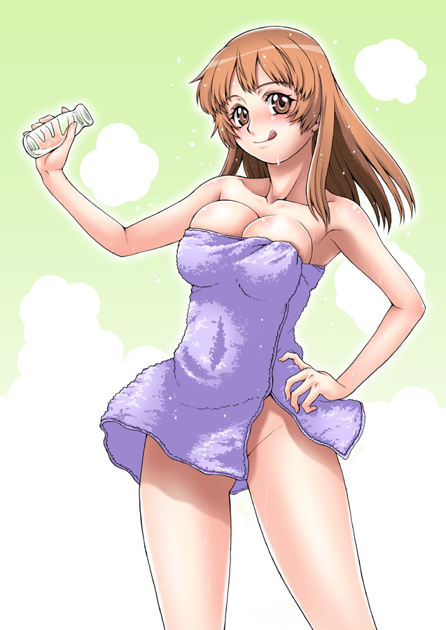 kouda tomohiro, original, 1girl, :p, blush, bottomless, breasts, brown eyes, brown hair, cleavage, female focus, huge breasts, impossible towel, long hair, milk, naked towel, no panties, solo, tongue, tongue out, towel, wet