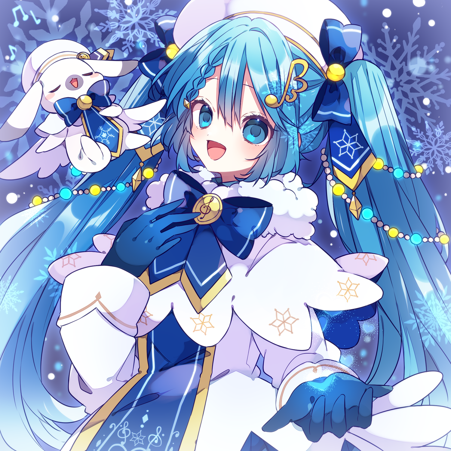 kaho 0102, hatsune miku, rabbit yukine, yuki miku, yuki miku (2021), vocaloid, commentary request, highres, 1girl, :d, blue bow, blue bowtie, blue eyes, blue flower, blue hair, blush, bow, bowtie, capelet, double-parted bangs, dress, flower, fortissimo, hair between eyes, hair bow, hair ornament, hand on own chest, hat, long hair, long sleeves, looking at viewer, musical note, musical note hair ornament, open mouth, outstretched arm, smile, snowflakes, solo, treble clef, twintails, upper body, white capelet, white dress, white hat