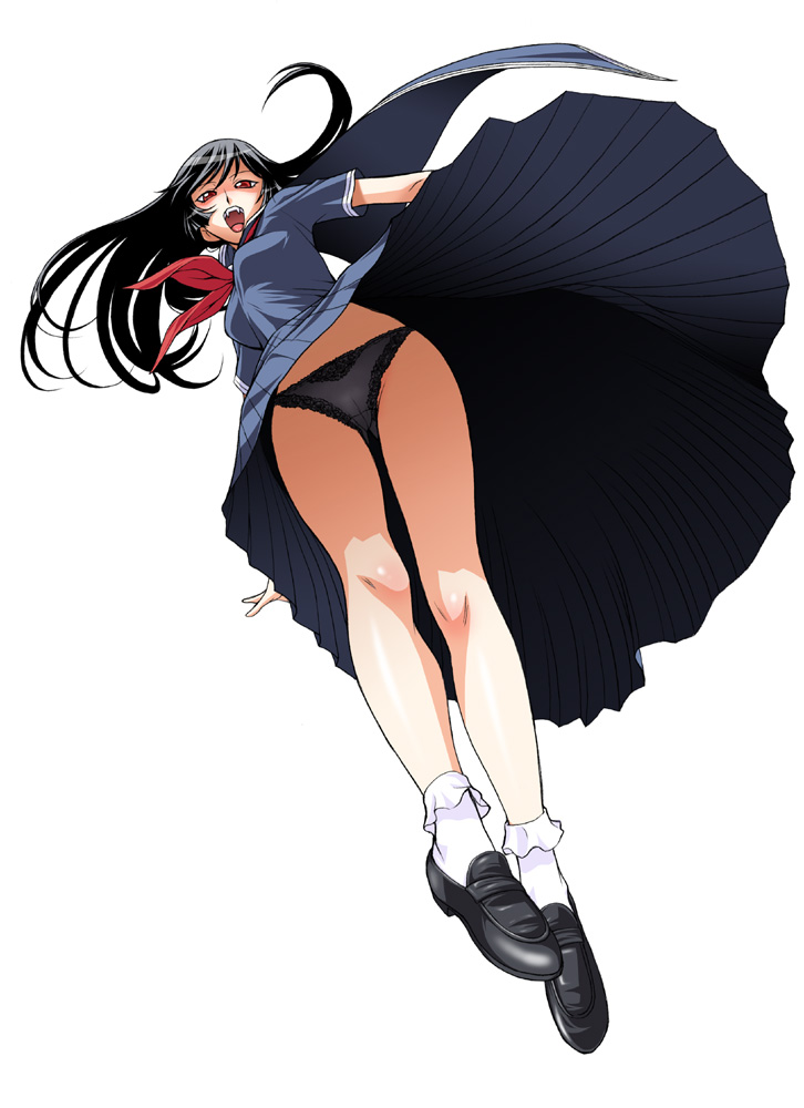 kouda tomohiro, kamura reiri, kaibutsu oujo, 00s, 1girl, black hair, black panties, black serafuku, fang, fangs, female focus, from below, long hair, panties, pantyshot, red eyes, school uniform, serafuku, simple background, socks, solo, underwear, upskirt, vampire, white background