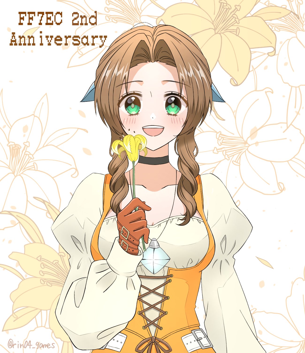 rin04 games, aerith gainsborough, aerith gainsborough (garnet's gown), garnet til alexandros xvii, final fantasy, final fantasy vii, final fantasy vii ever crisis, highres, anniversary, black choker, blue ribbon, blush, breasts, brown hair, choker, collarbone, copyright name, cosplay, crystal, dress, floral background, flower, from side, garnet til alexandros xvii (cosplay), gloves, green eyes, hair ribbon, holding, holding flower, jewelry, juliet sleeves, lily (flower), long hair, long sleeves, looking at viewer, medium breasts, official alternate costume, open mouth, orange dress, parted bangs, pendant, puffy sleeves, red gloves, ribbon, shirt, smile, upper body, white shirt, yellow flower